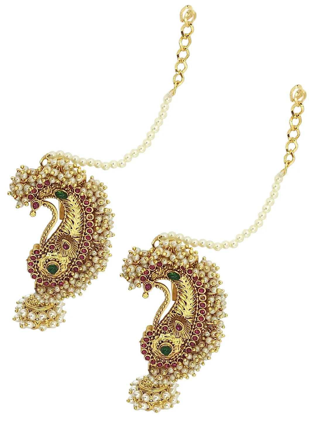 Gold-Plated Artificial Stones Studded & Beaded Dome Shaped Jhumkas With Chain