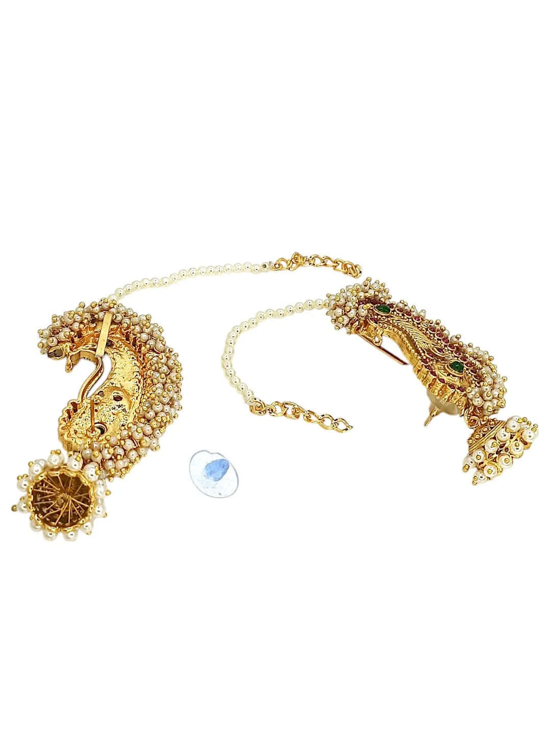 Gold-Plated Artificial Stones Studded & Beaded Dome Shaped Jhumkas With Chain