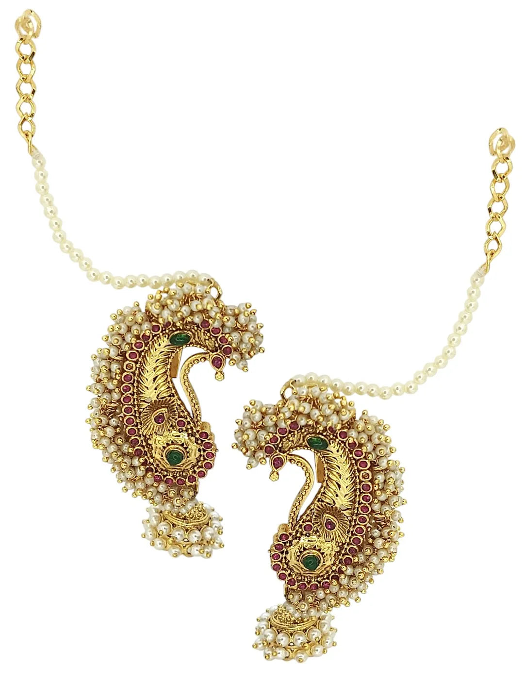 Gold-Plated Artificial Stones Studded & Beaded Dome Shaped Jhumkas With Chain