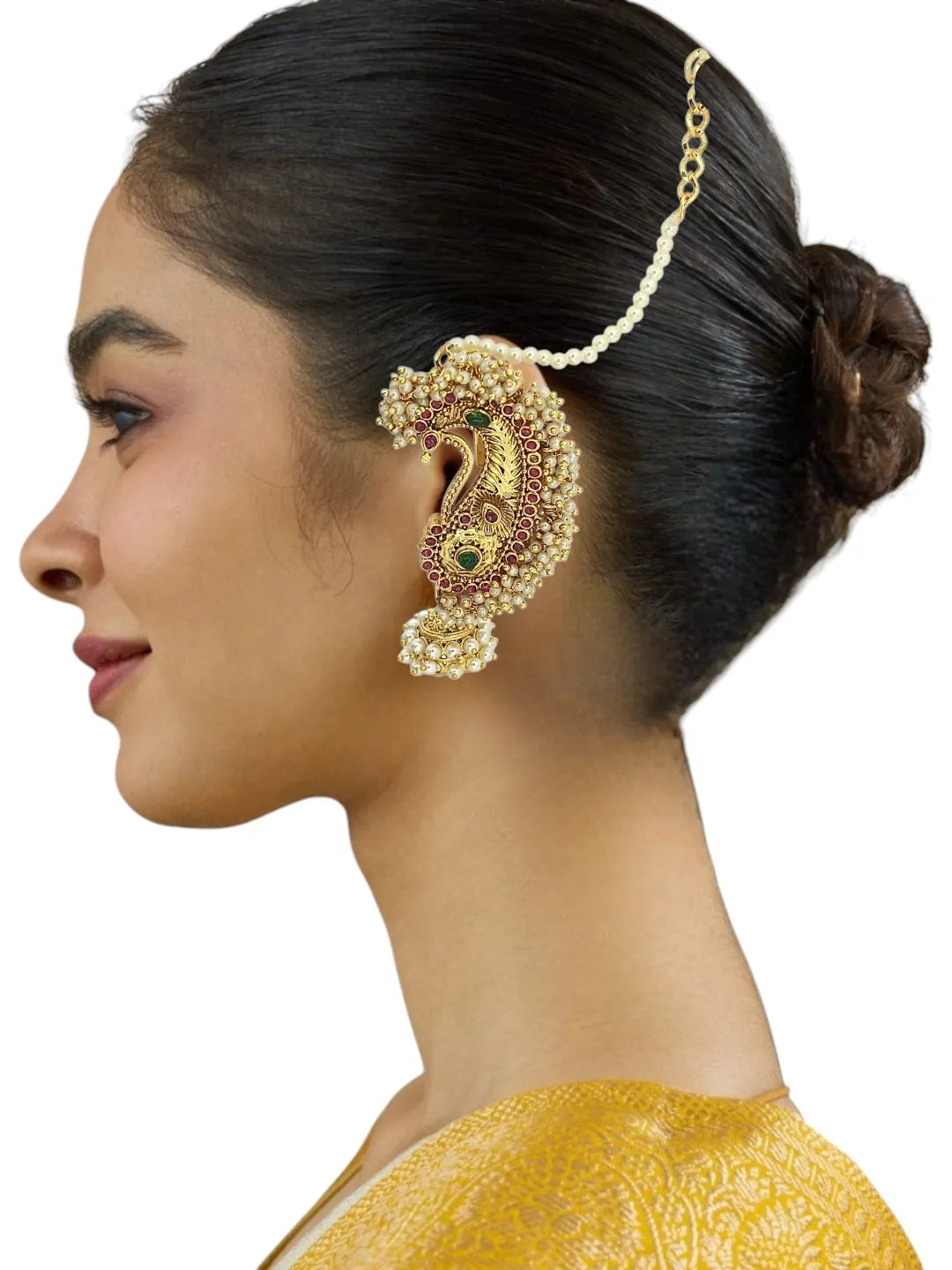 Gold-Plated Artificial Stones Studded & Beaded Dome Shaped Jhumkas With Chain