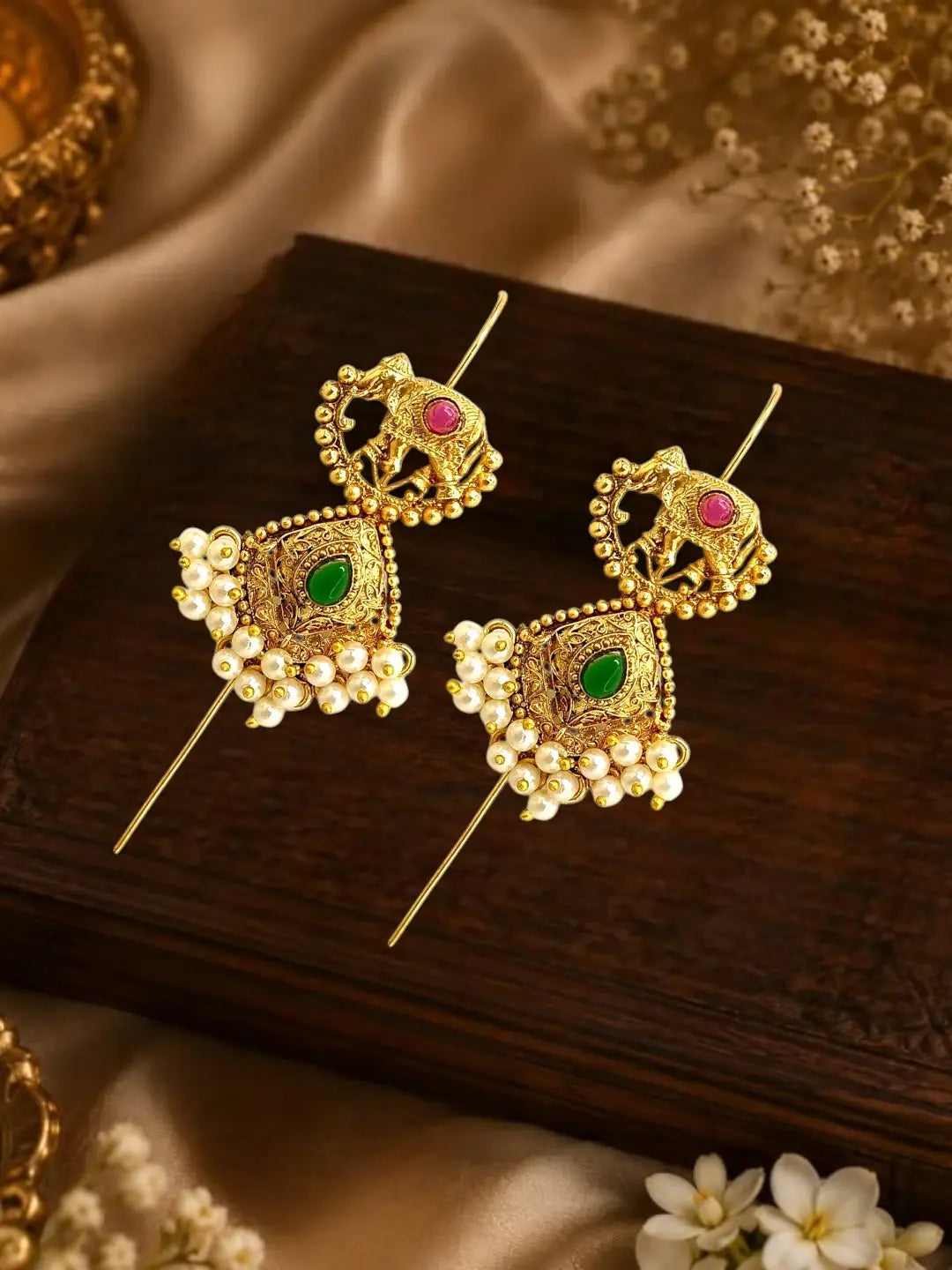 Gold Plated Elephant Motif Needle Ear Cuff Earrings