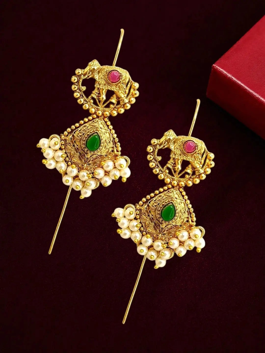 Gold Plated Elephant Motif Needle Ear Cuff Earrings