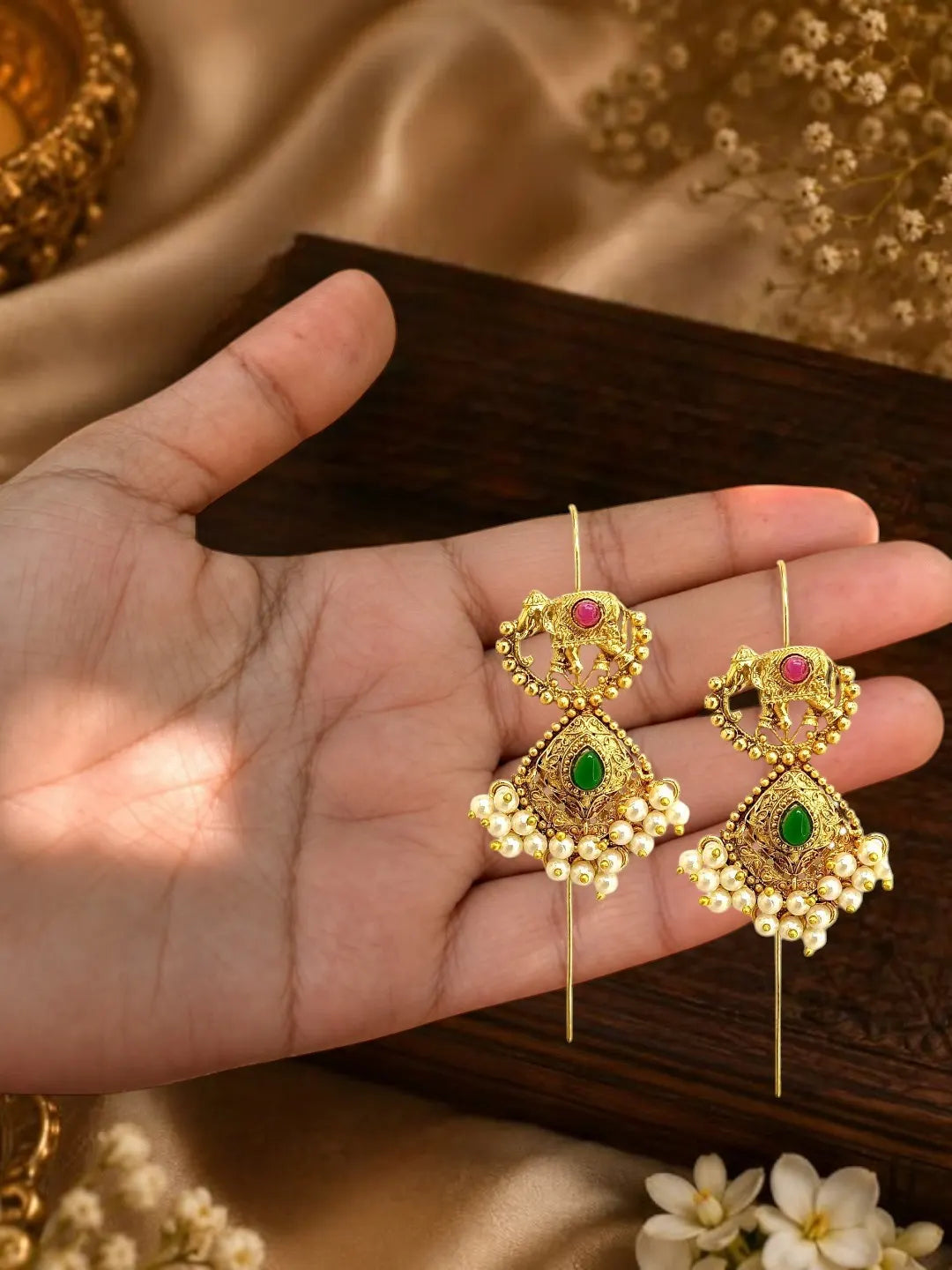 Gold Plated Elephant Motif Needle Ear Cuff Earrings
