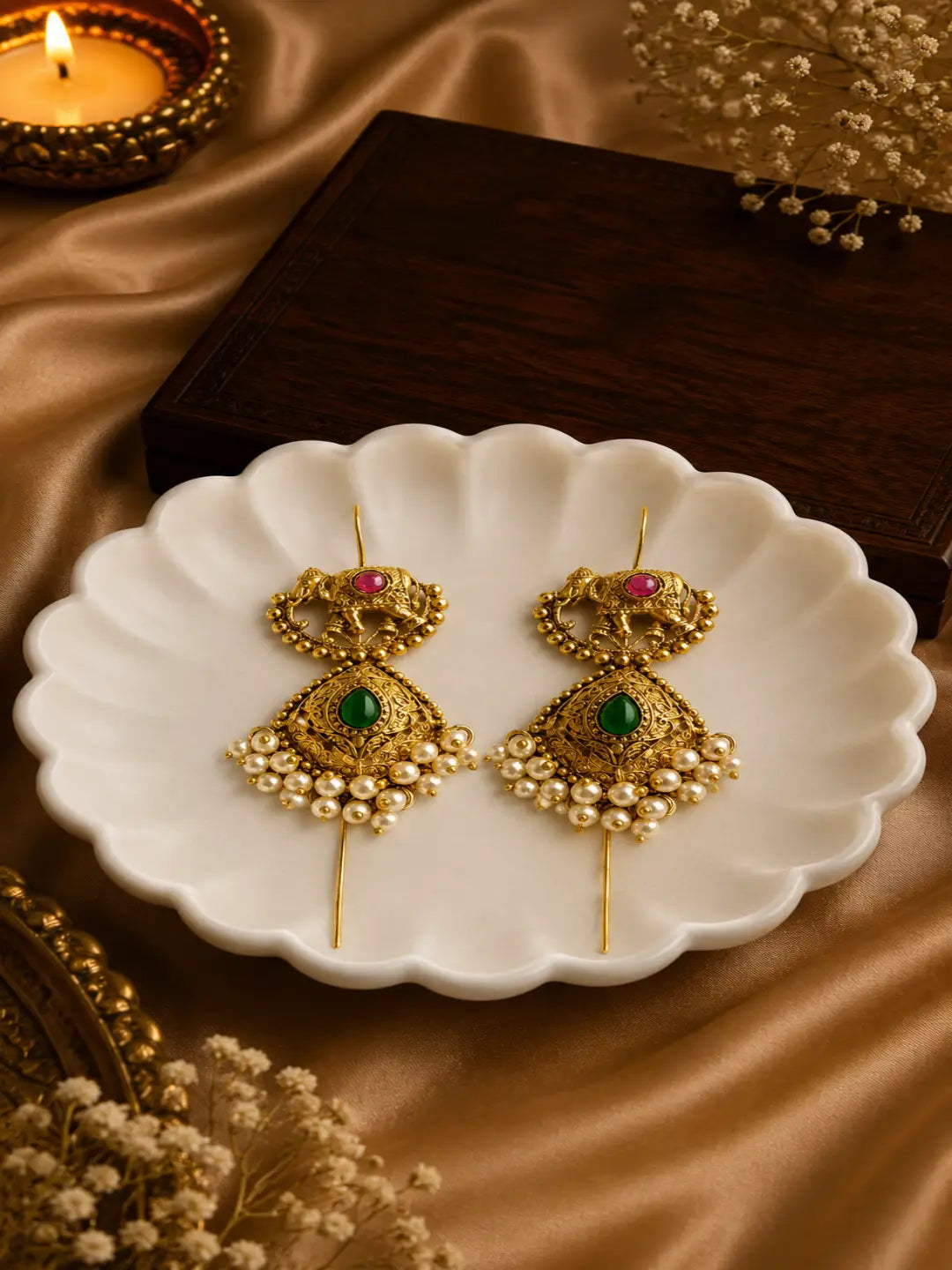 Gold Plated Elephant Motif Needle Ear Cuff Earrings