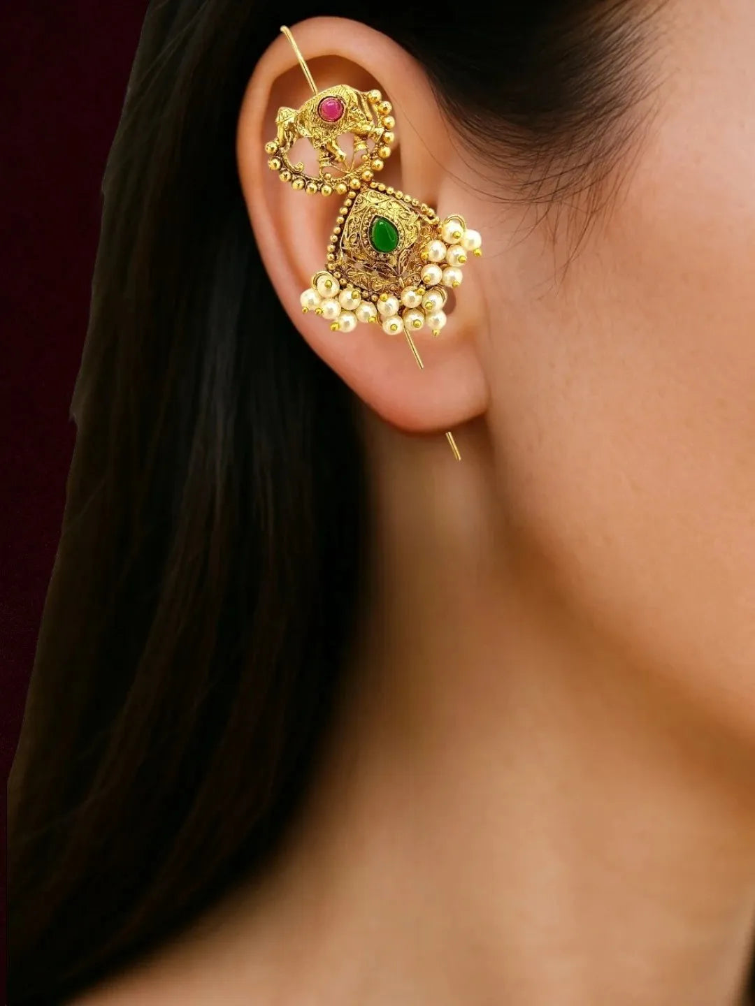 Gold Plated Elephant Motif Needle Ear Cuff Earrings