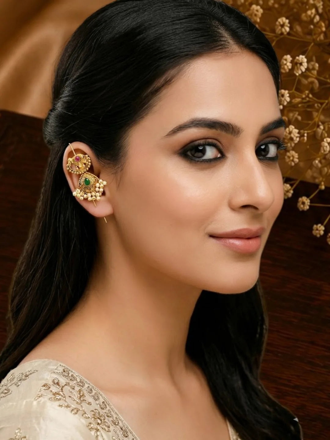 Gold Plated Elephant Motif Needle Ear Cuff Earrings