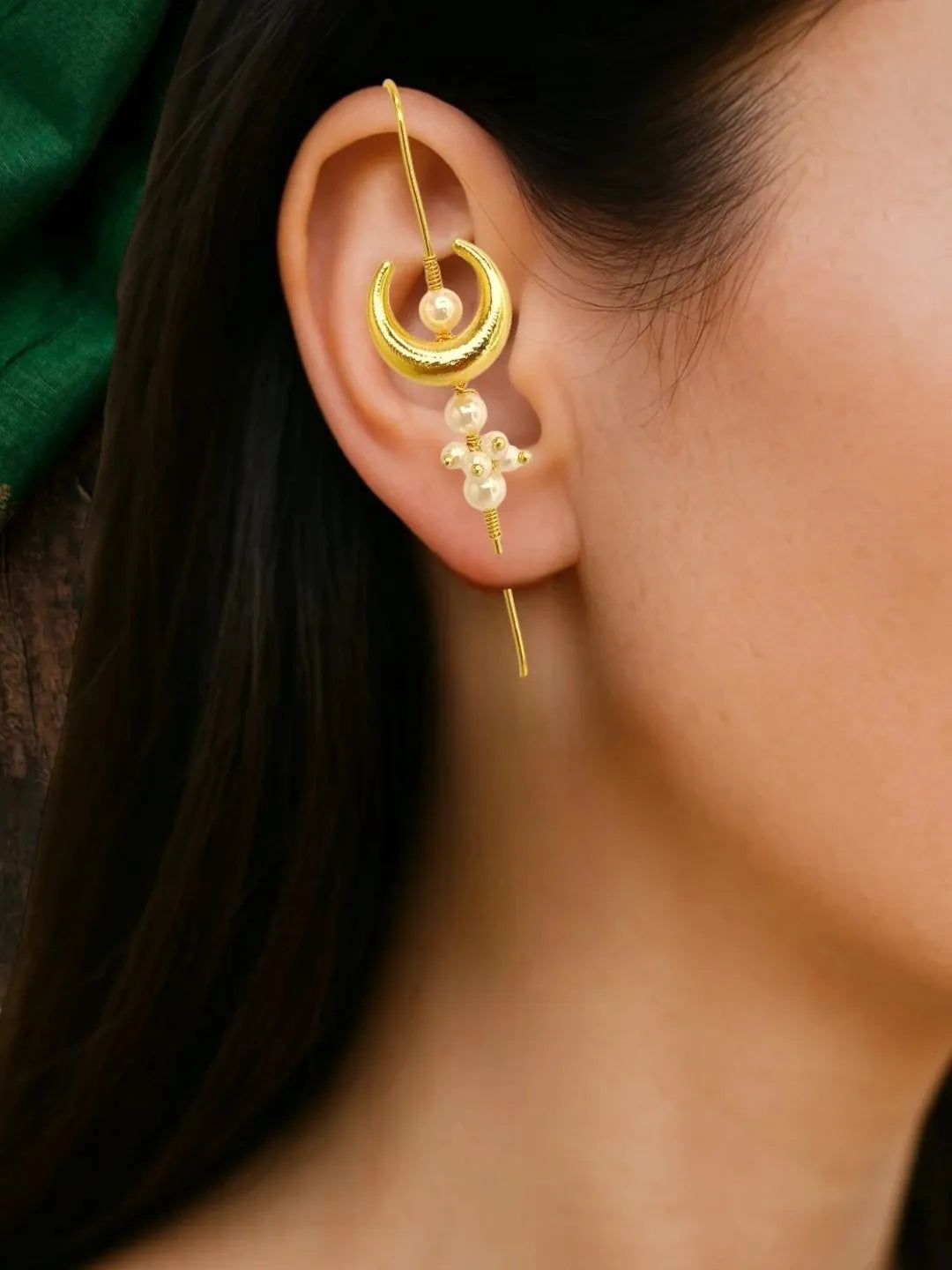 Gold Plated Chandrakor Needle Ear Cuff Earrings