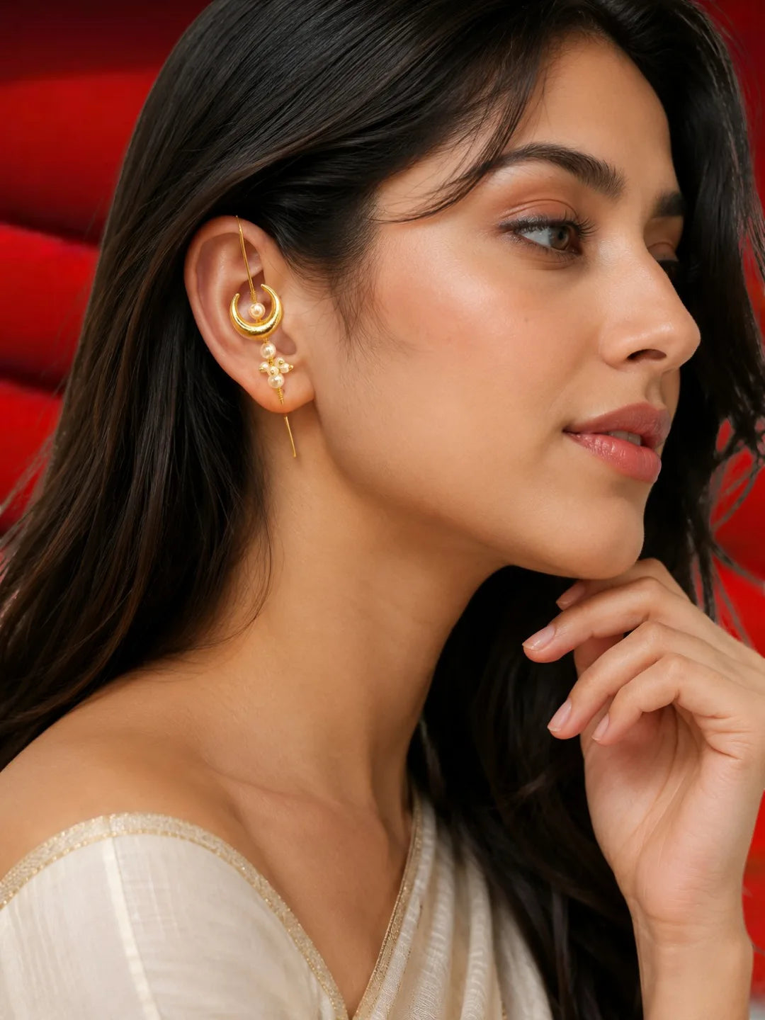 Gold Plated Chandrakor Needle Ear Cuff Earrings