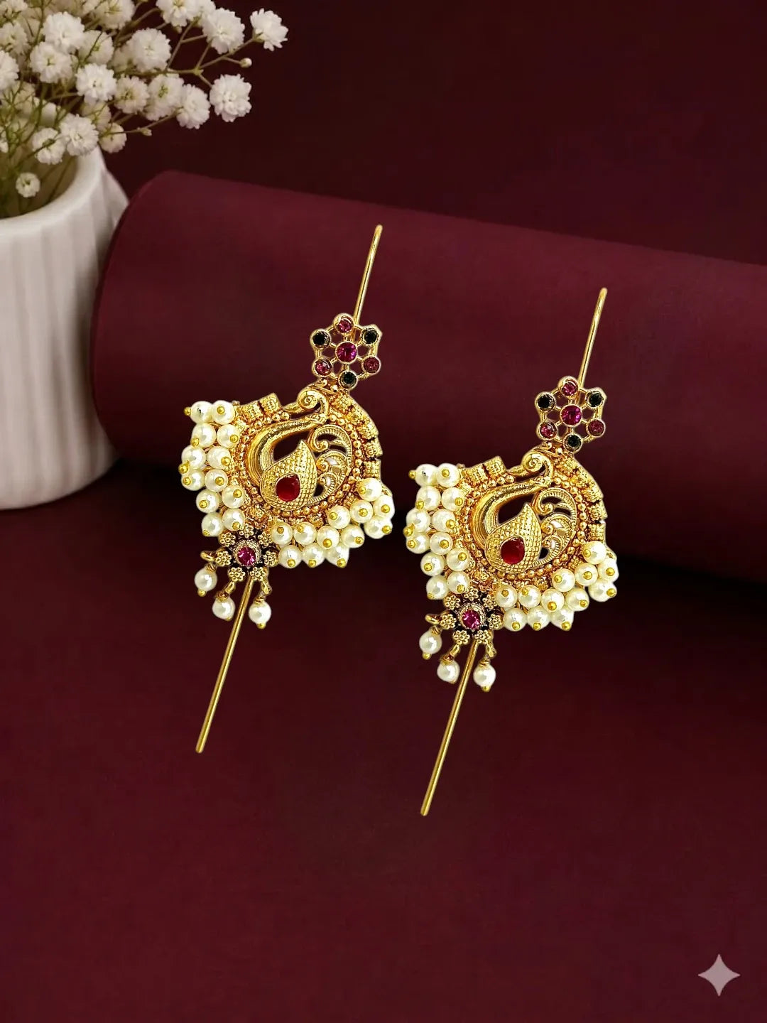 Gold Plated Peacock Needle Ear Cuff Earrings