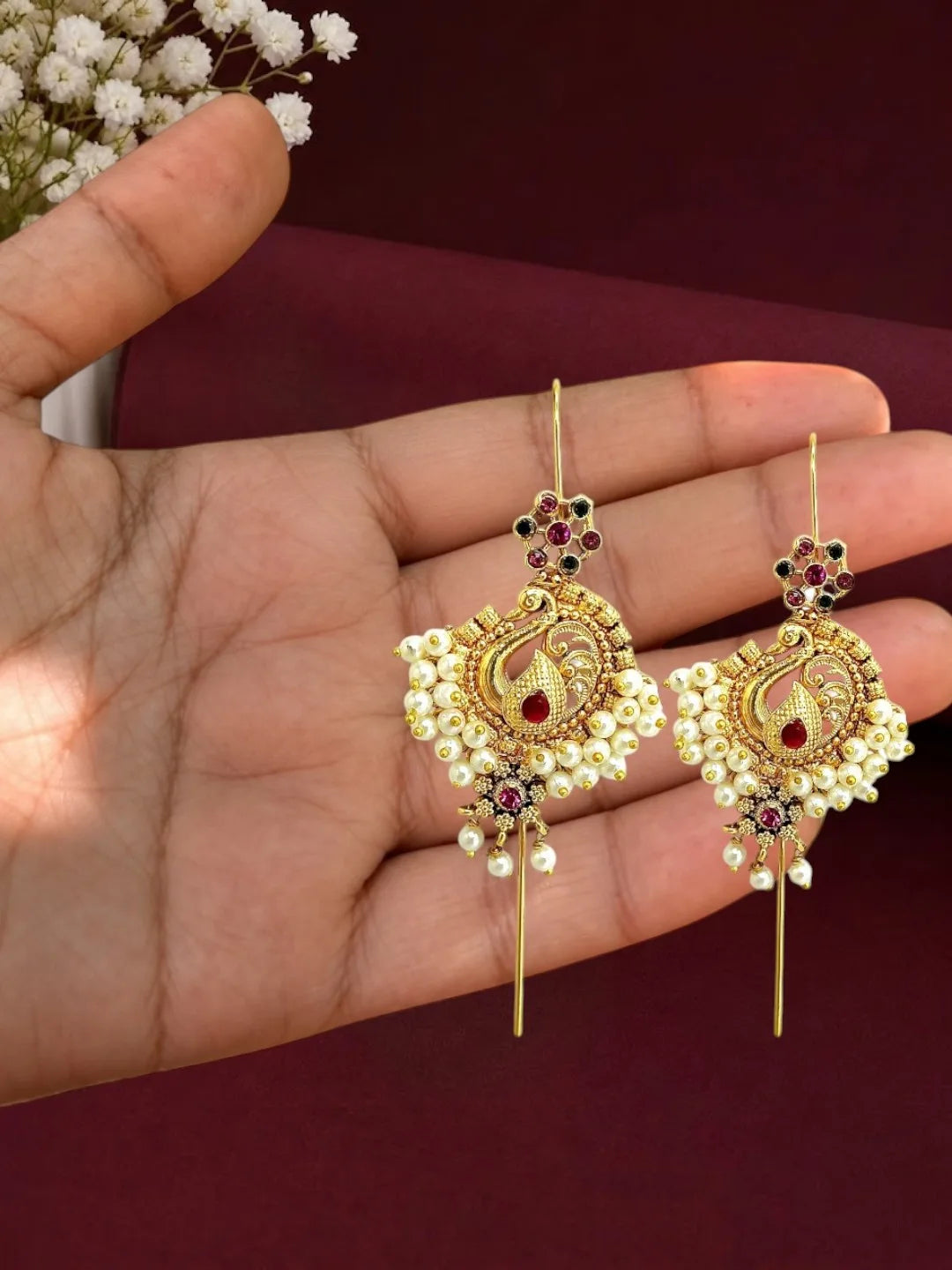 Gold Plated Peacock Needle Ear Cuff Earrings