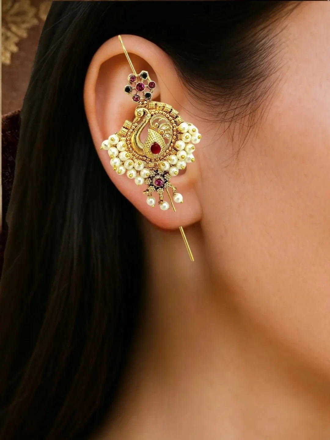 Gold Plated Peacock Needle Ear Cuff Earrings