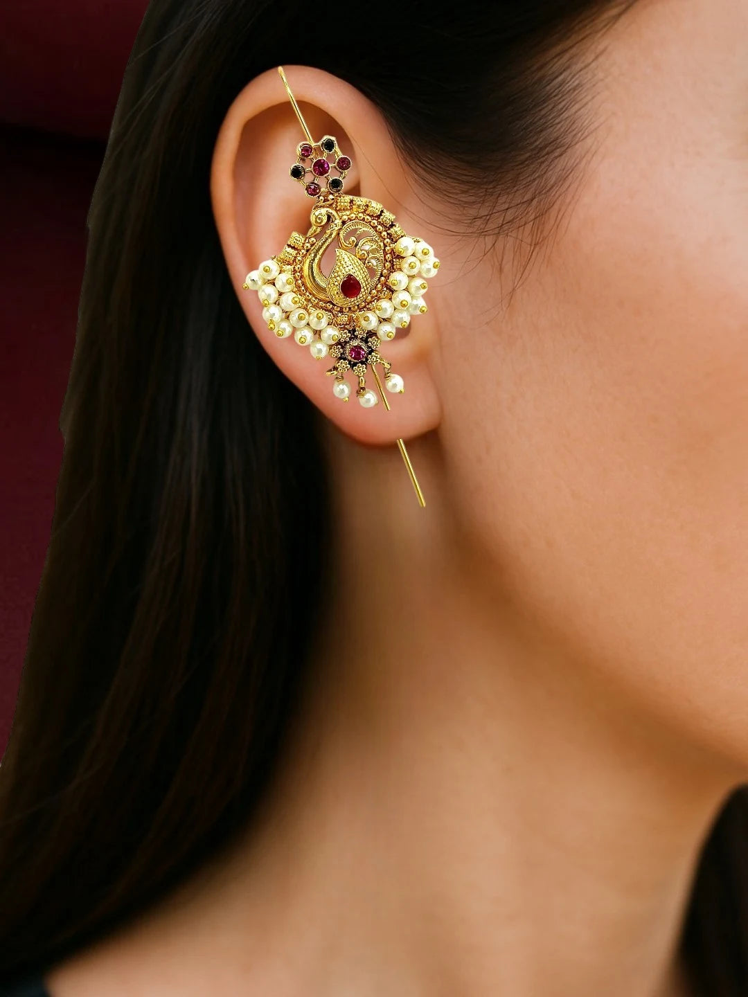 Gold Plated Peacock Needle Ear Cuff Earrings