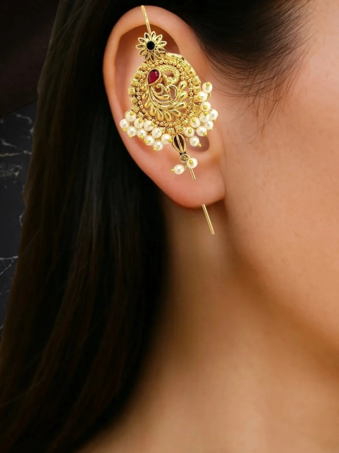 Traditional Peacock Needle Ear Cuff Earrings
