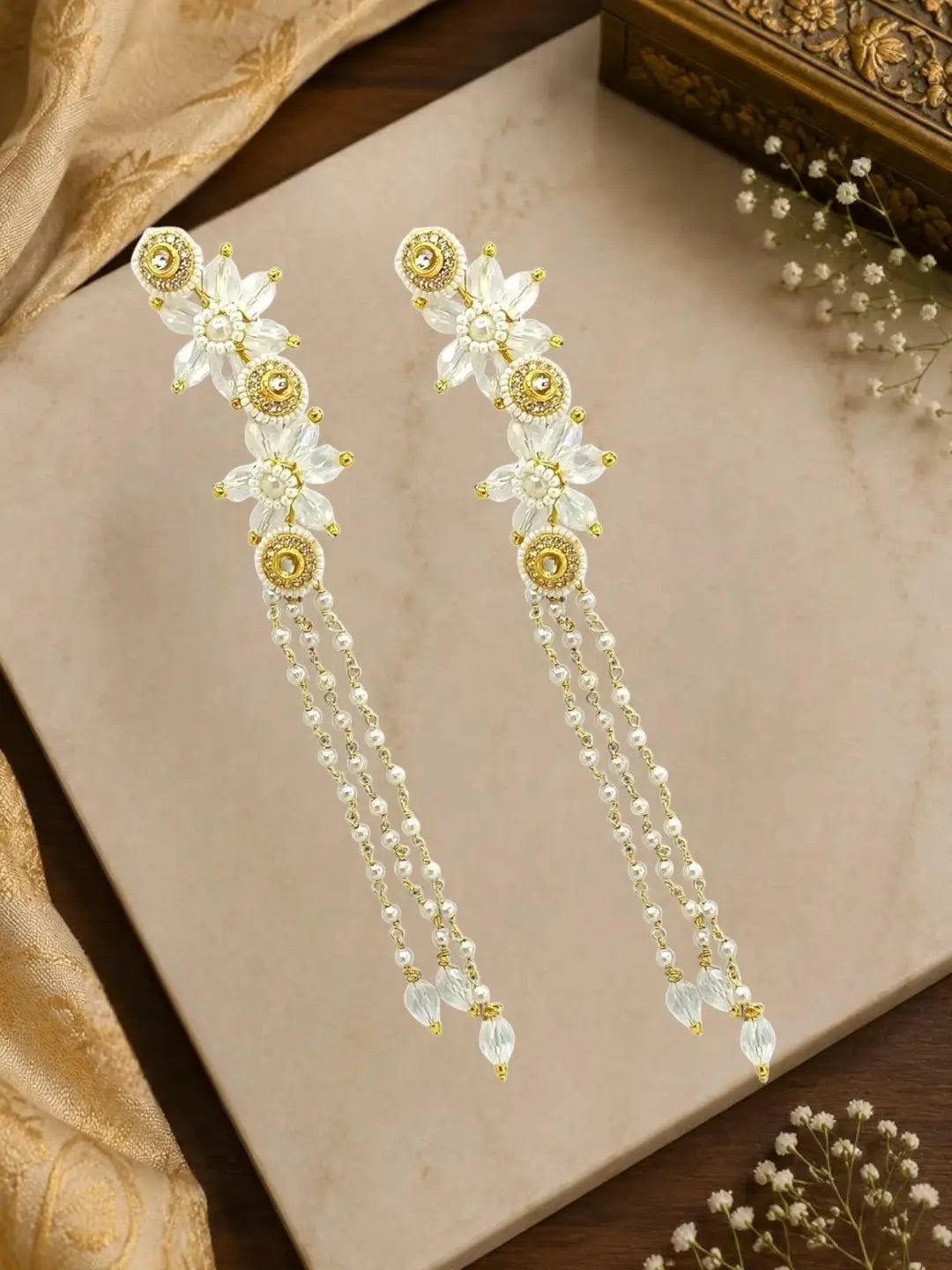 Clear White Fanshionista Crystals Dangler Ear Cuff Earrings