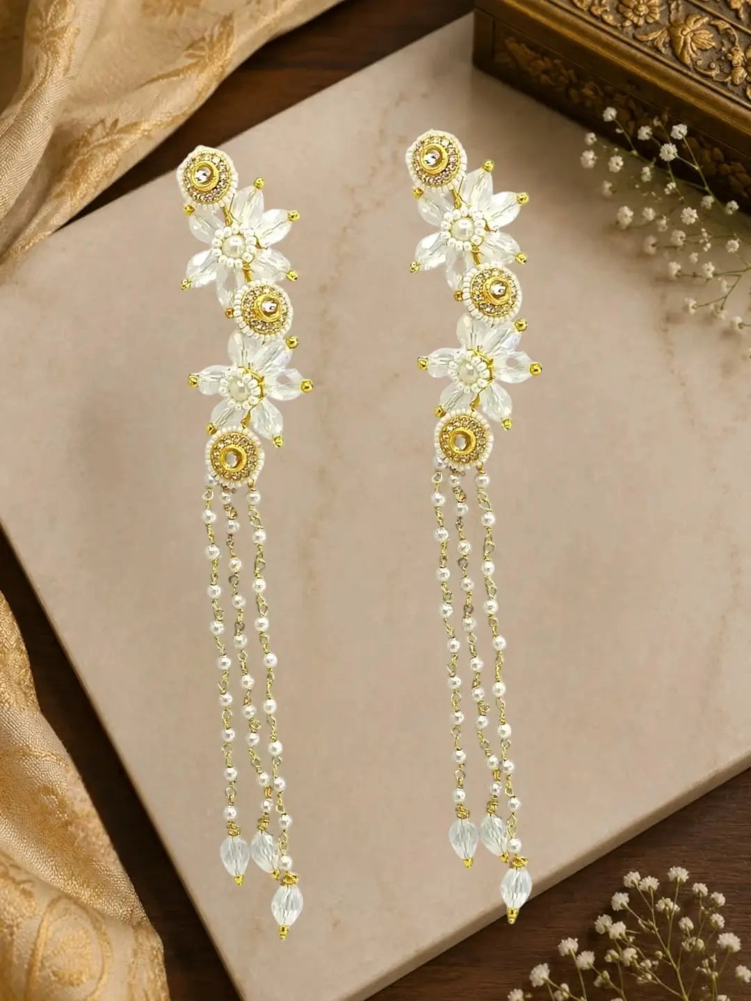 Clear White Fanshionista Crystals Dangler Ear Cuff Earrings