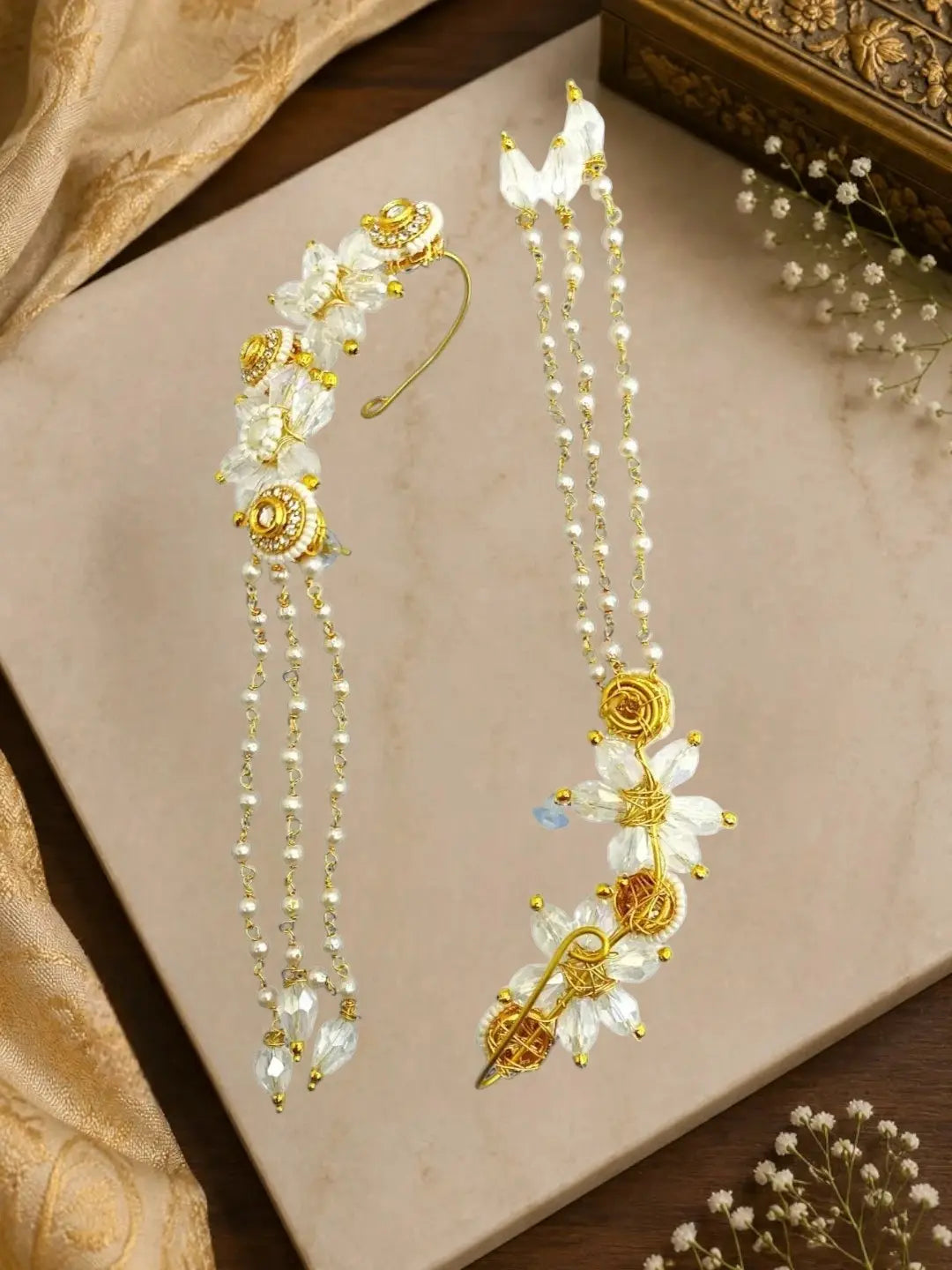 Clear White Fanshionista Crystals Dangler Ear Cuff Earrings