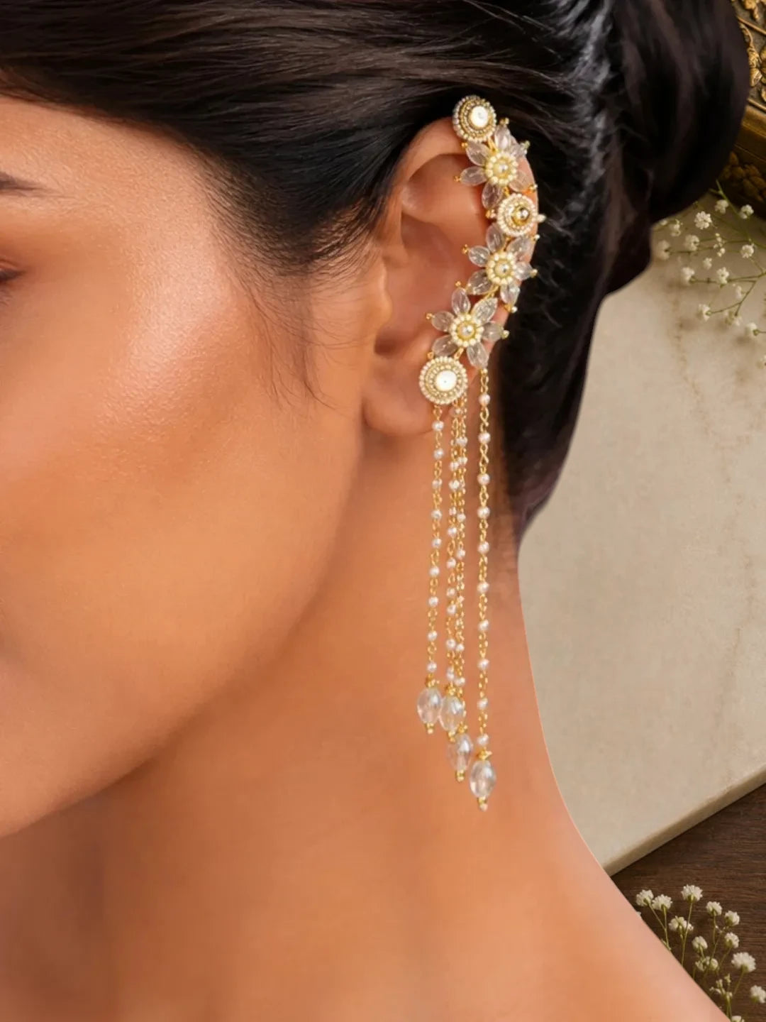 Clear White Fanshionista Crystals Dangler Ear Cuff Earrings
