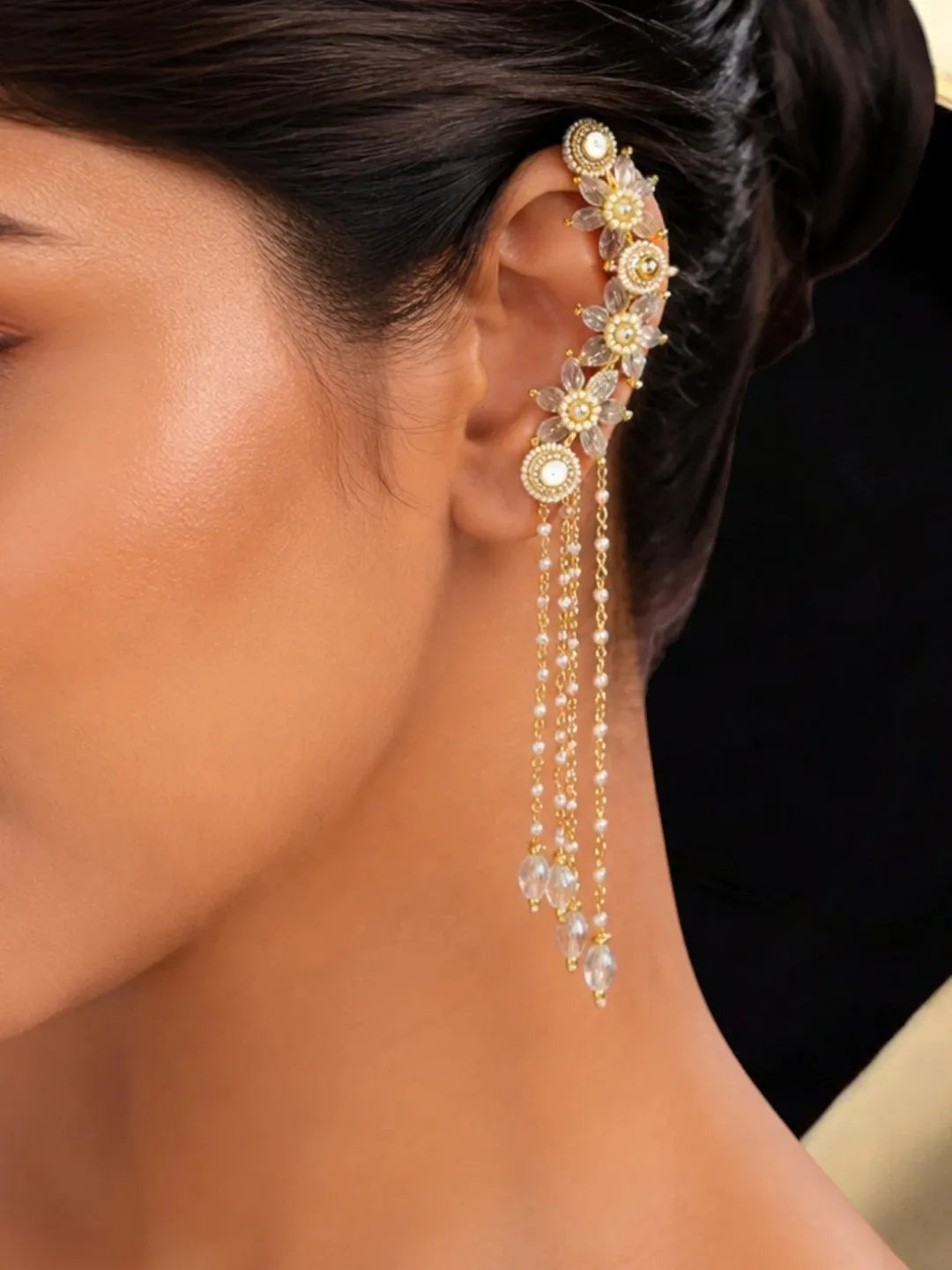 Clear White Fanshionista Crystals Dangler Ear Cuff Earrings