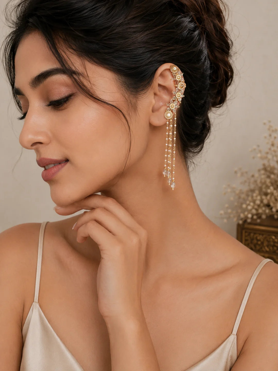 Clear White Fanshionista Crystals Dangler Ear Cuff Earrings