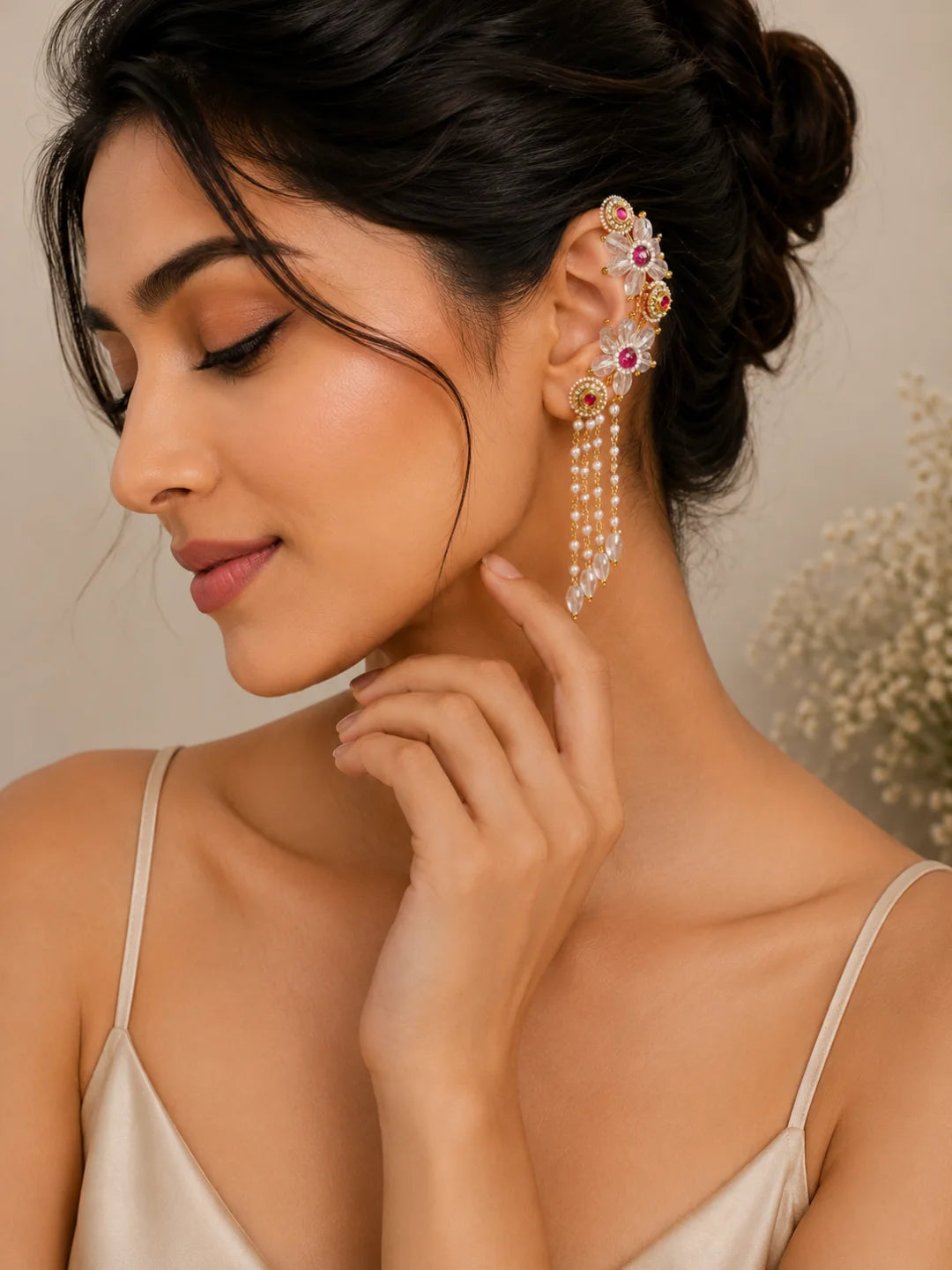 Pink Fanshionista Crystals Dangler Ear Cuff Earrings