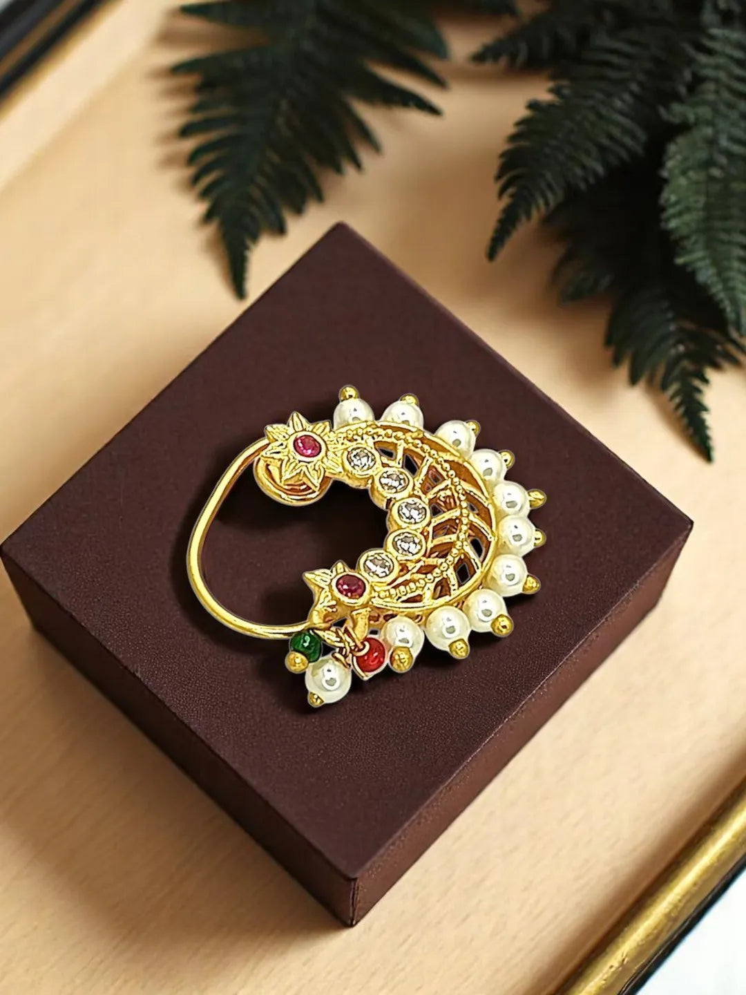 Gold-Plated Artificial Stones Studded And Beaded Stud Nosepin