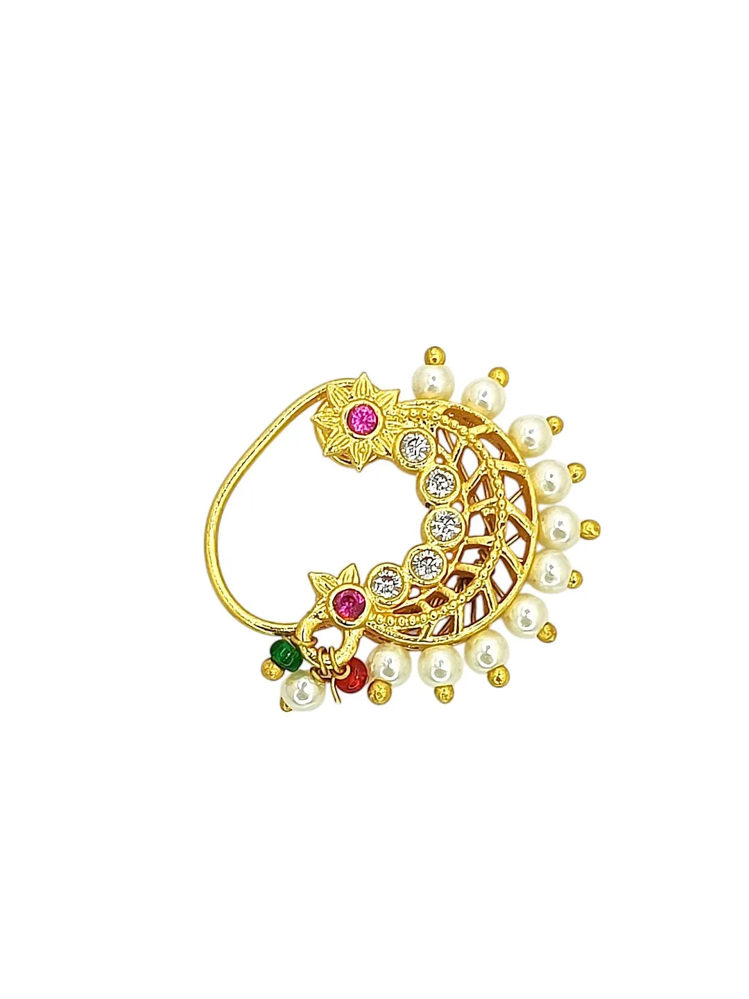 Gold-Plated Artificial Stones Studded And Beaded Stud Nosepin