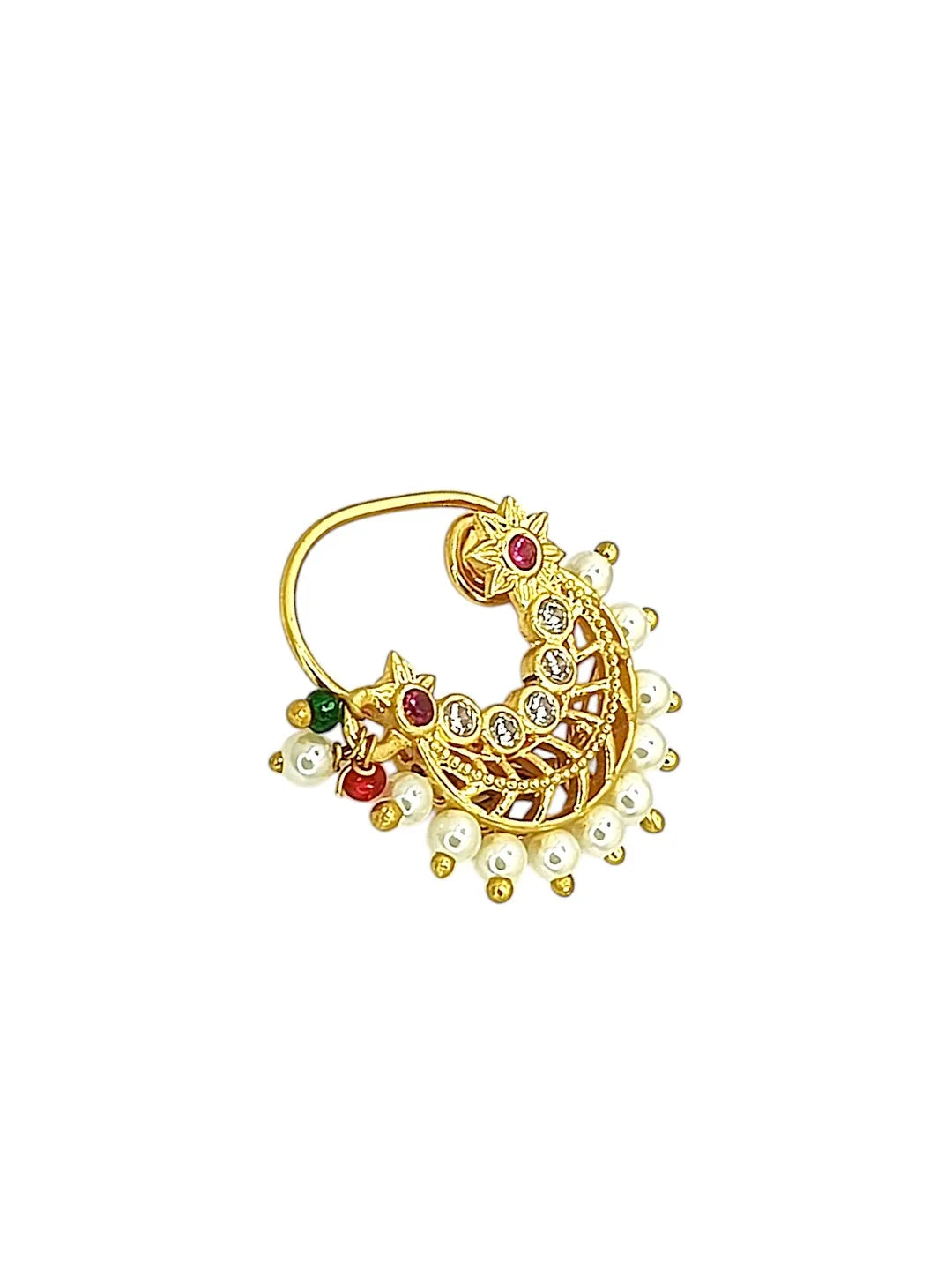 Gold-Plated Artificial Stones Studded And Beaded Stud Nosepin