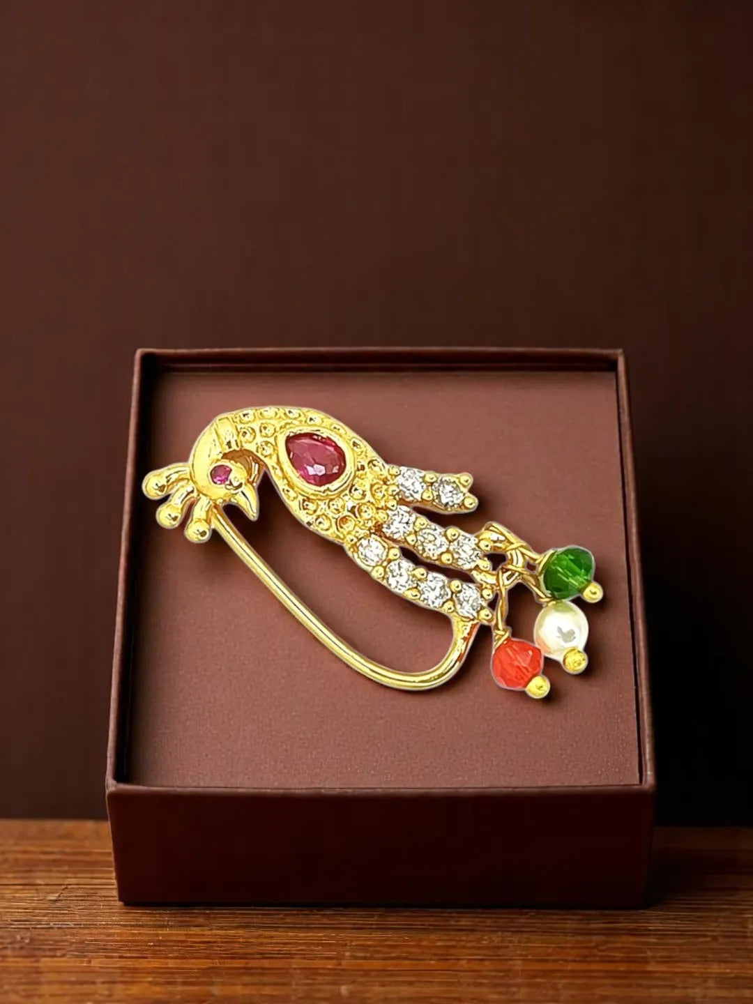 Gold-Plated Peacock Shaped Colored Stones Studded