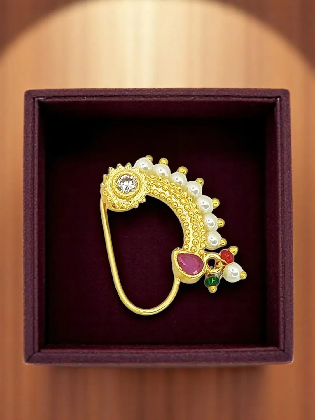 Gold-Plated Artificial Stones & White Beaded Stud Nosepin