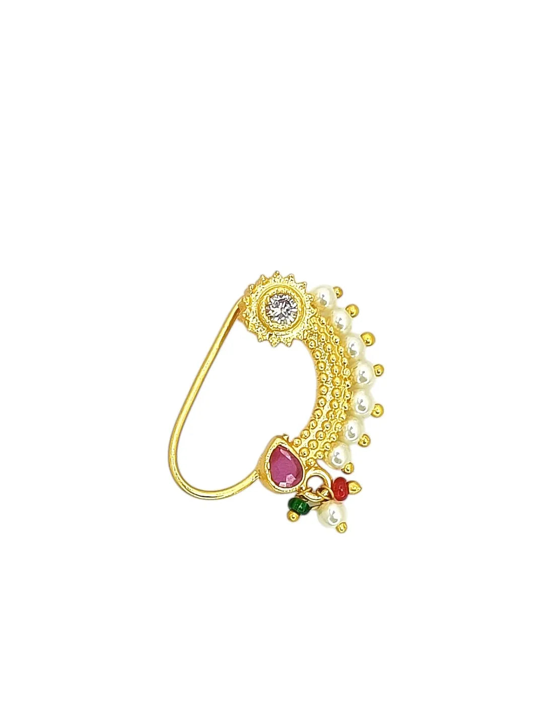 Gold-Plated Artificial Stones & White Beaded Stud Nosepin