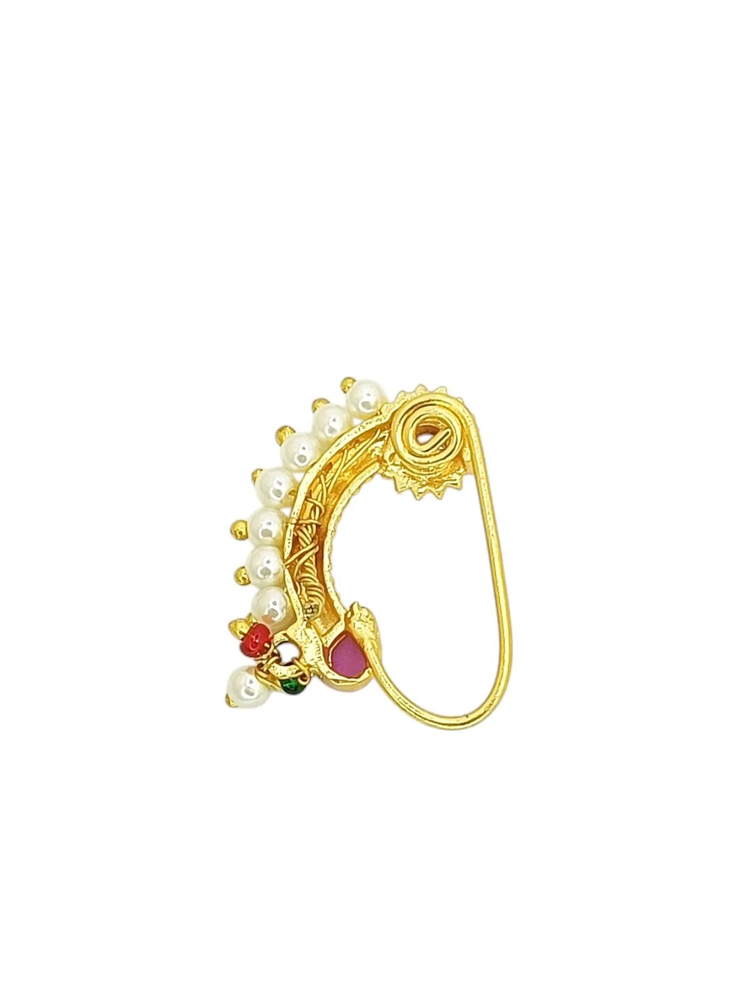 Gold-Plated Artificial Stones & White Beaded Stud Nosepin