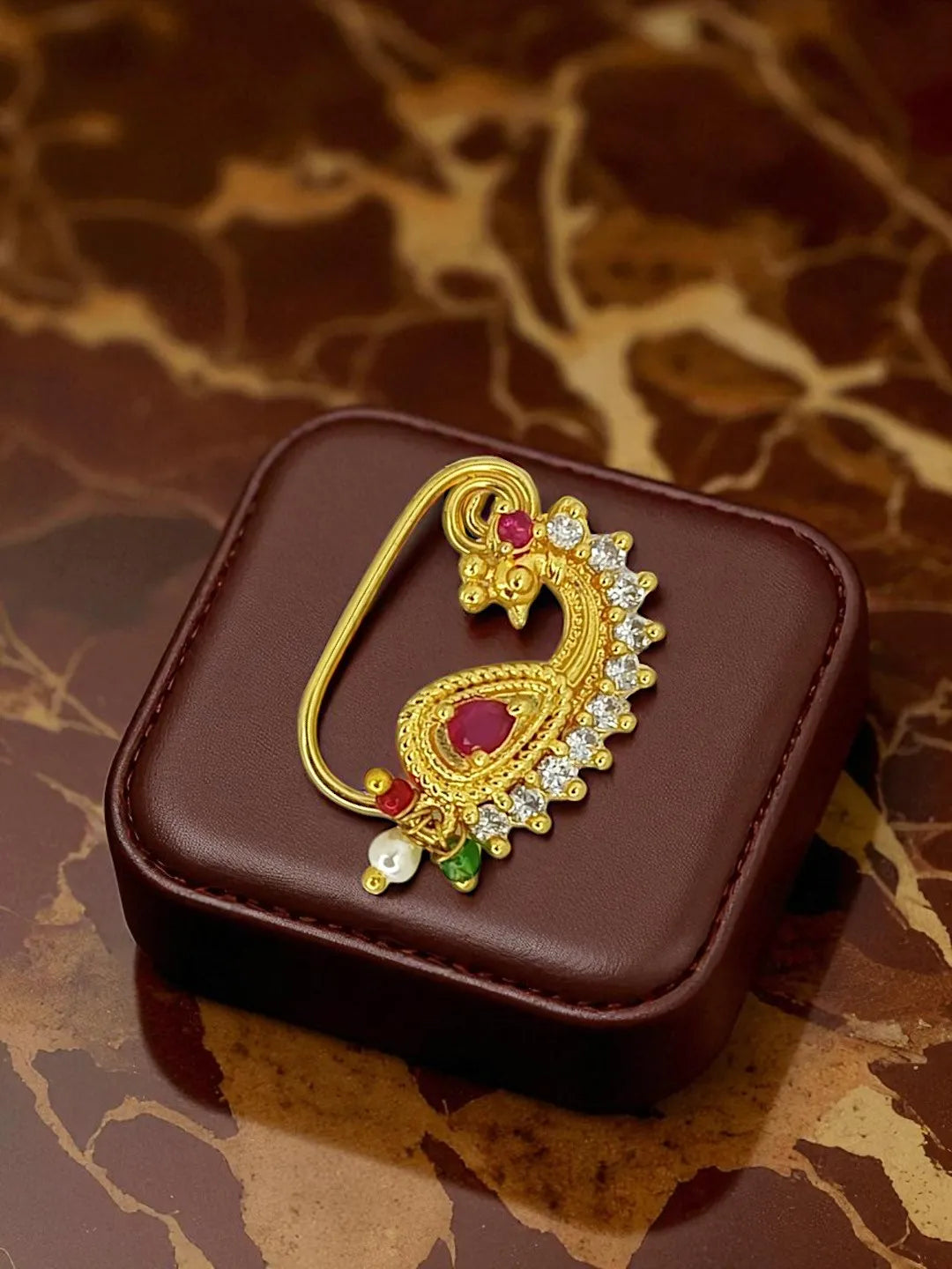 Golden Peacock Shaped Stone Studded Nosepin