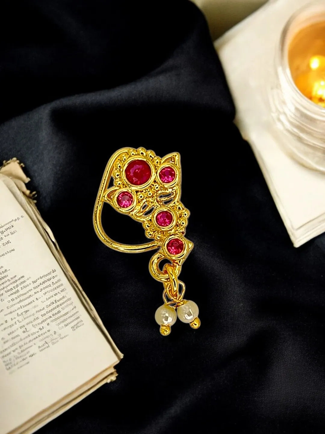 Floral Drop Beads Tasselled Red Stone Studded Nosepin