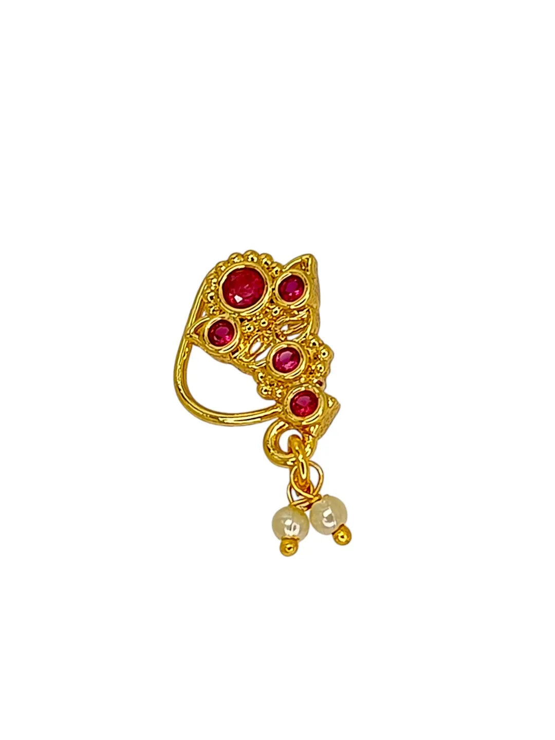 Floral Drop Beads Tasselled Red Stone Studded Nosepin