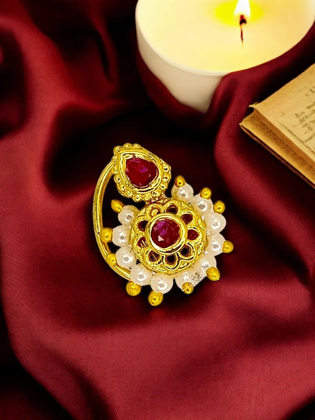 Gold-Plated Floral with Red Stone Studded Nosepin
