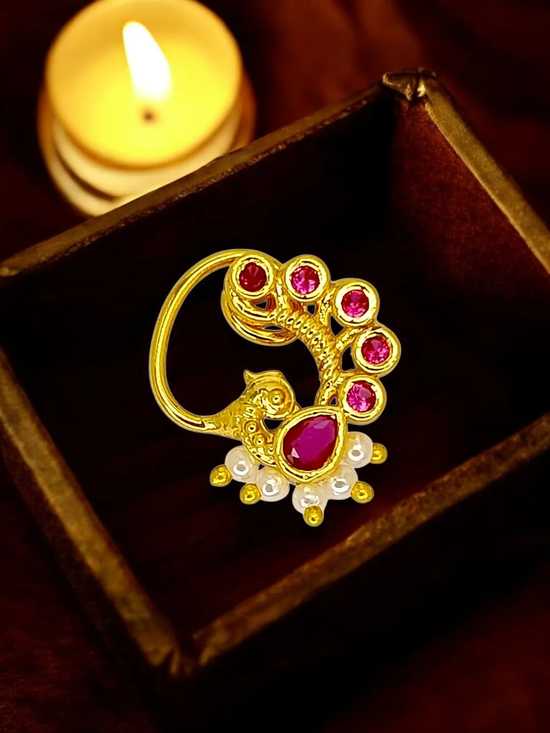Golden Peacock with Red Stone Studded Nosepin