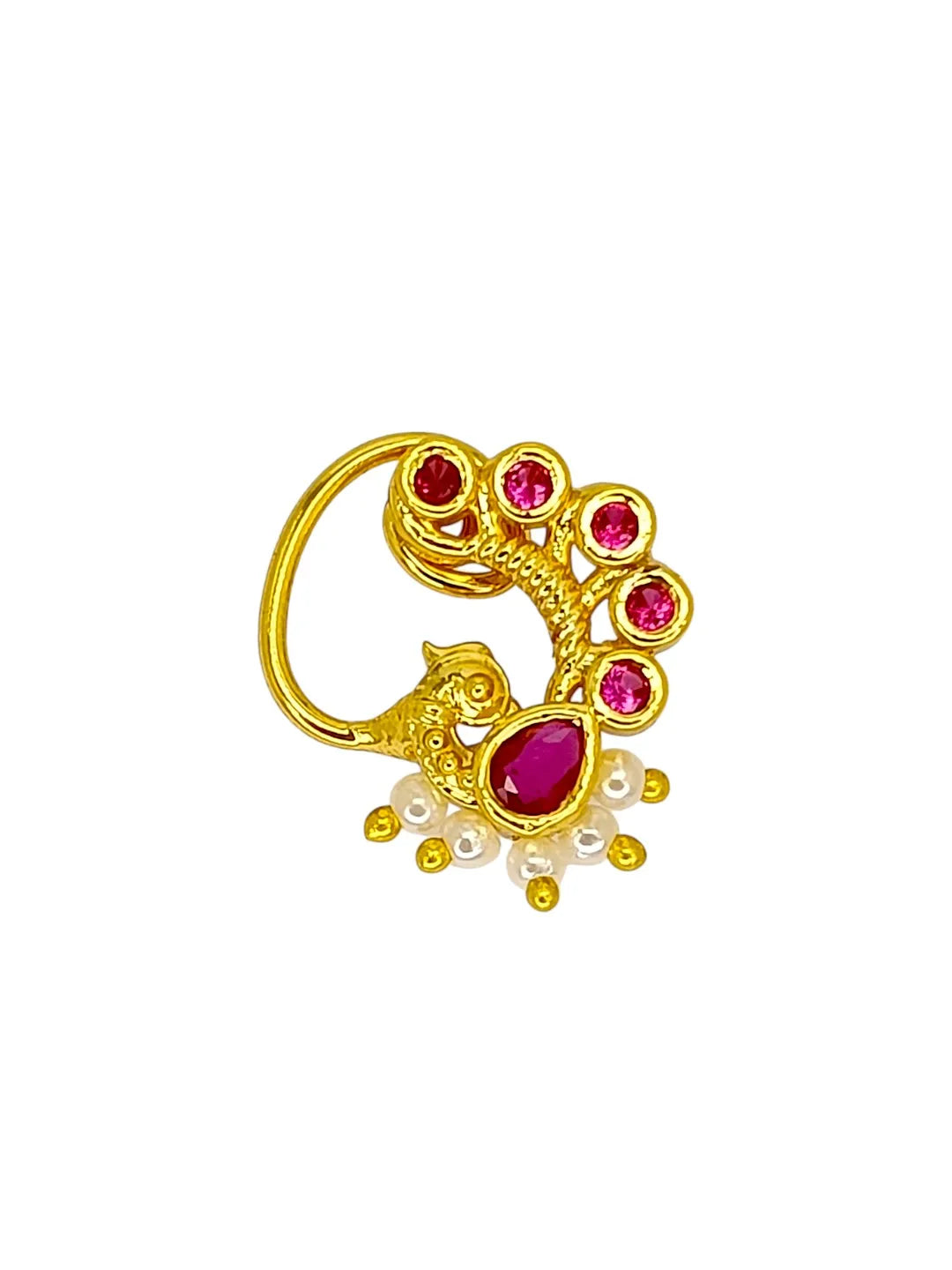 Golden Peacock with Red Stone Studded Nosepin