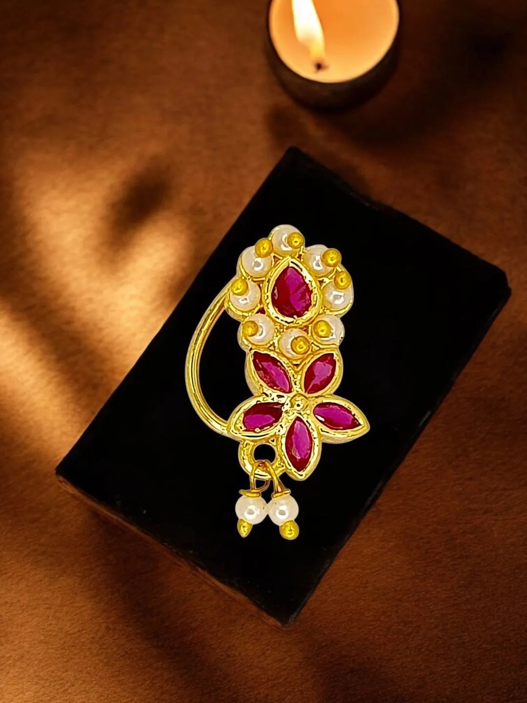 Floral Design With Red Stone Studded Nosepin