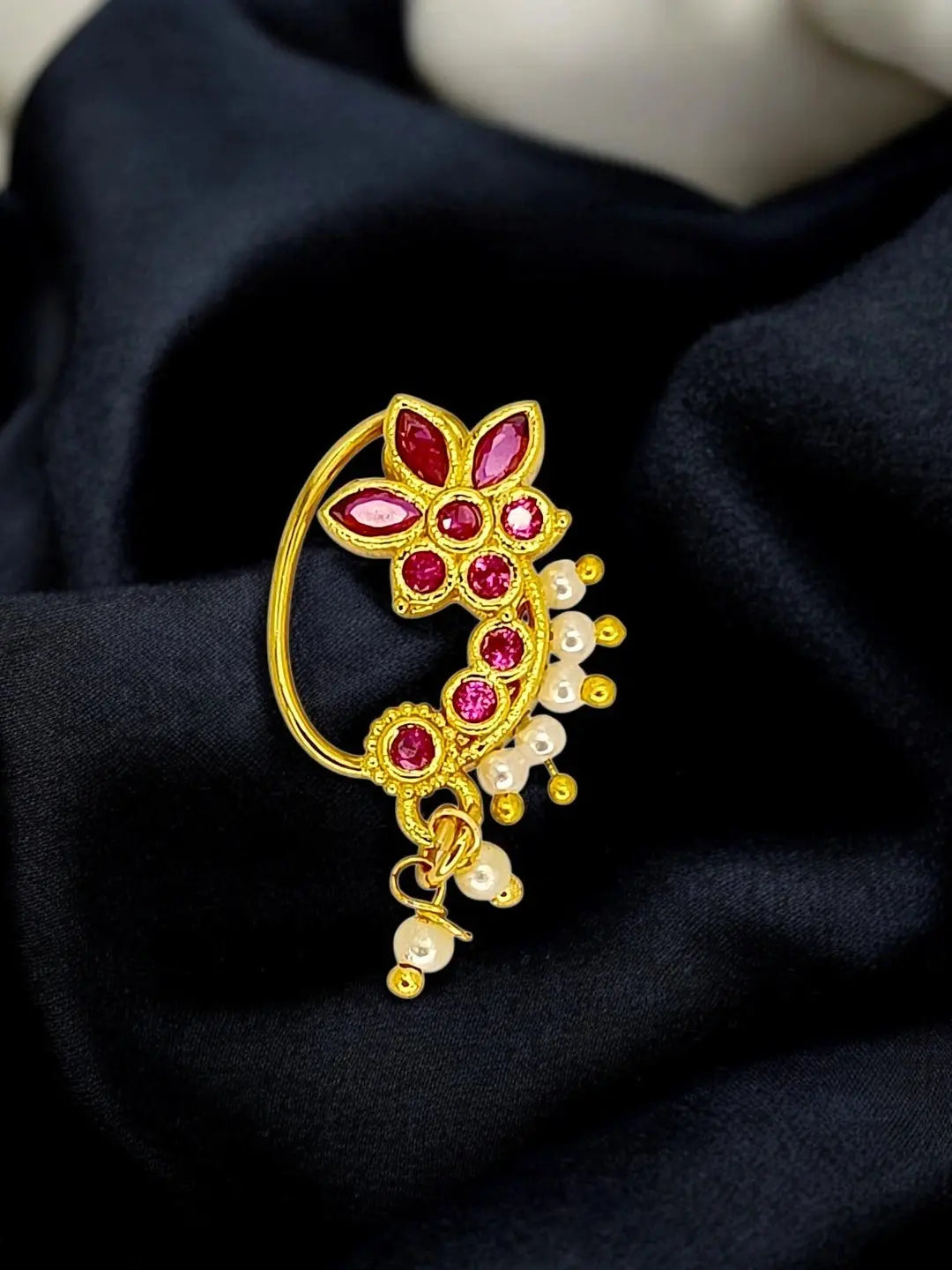 Floral Drop Design With Red Stone Studded Nosepin