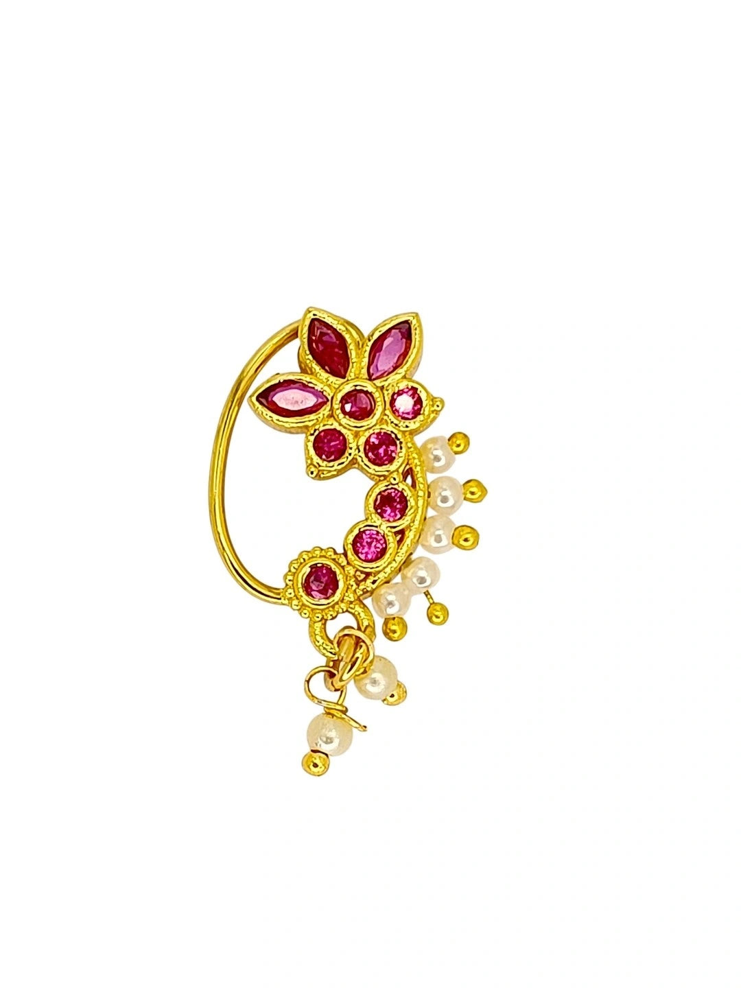 Floral Drop Design With Red Stone Studded Nosepin