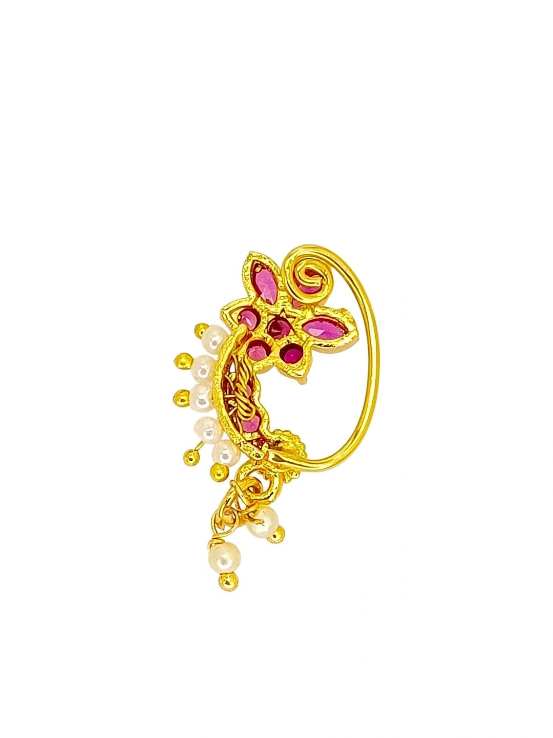 Floral Drop Design With Red Stone Studded Nosepin