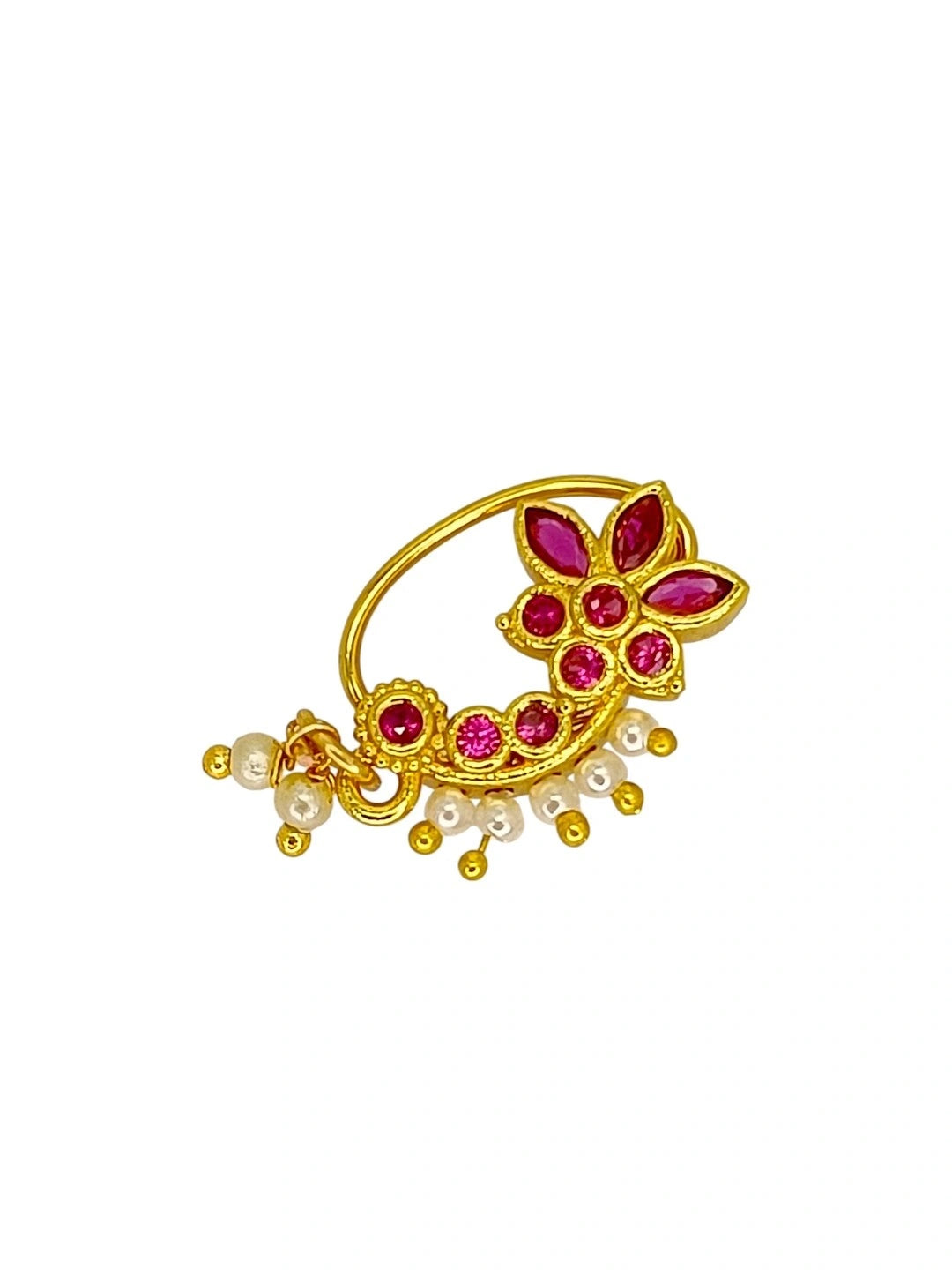 Floral Drop Design With Red Stone Studded Nosepin