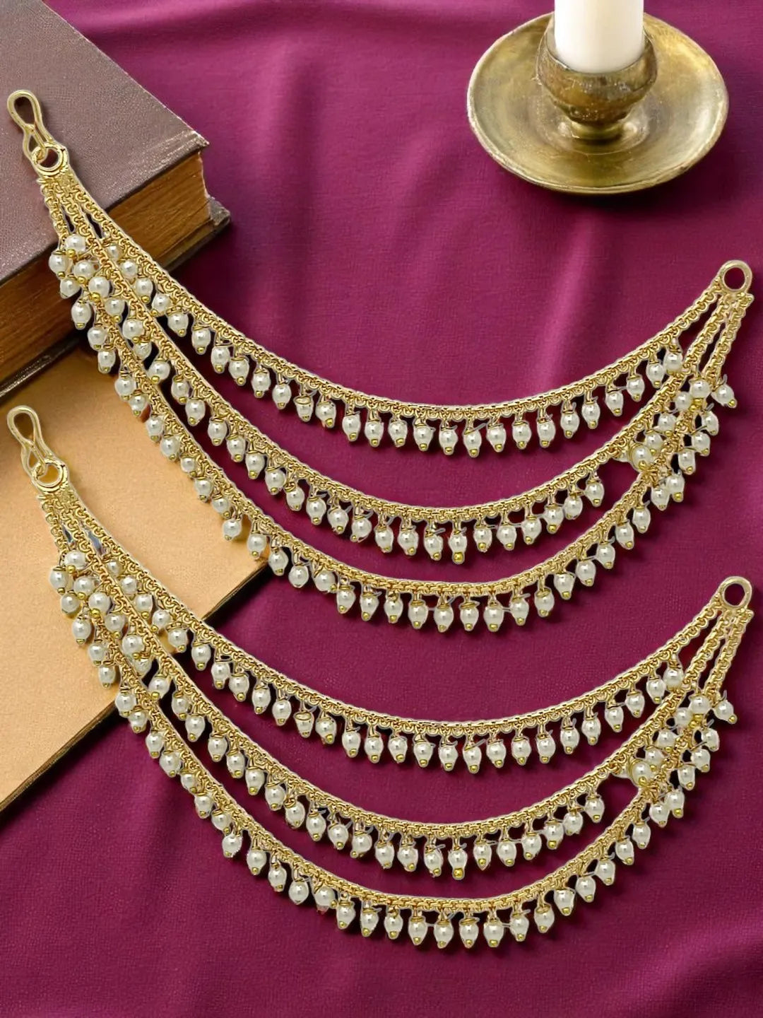 Gold-Plated Artificial Beaded Contemporary 3 Layered Ear Cuff