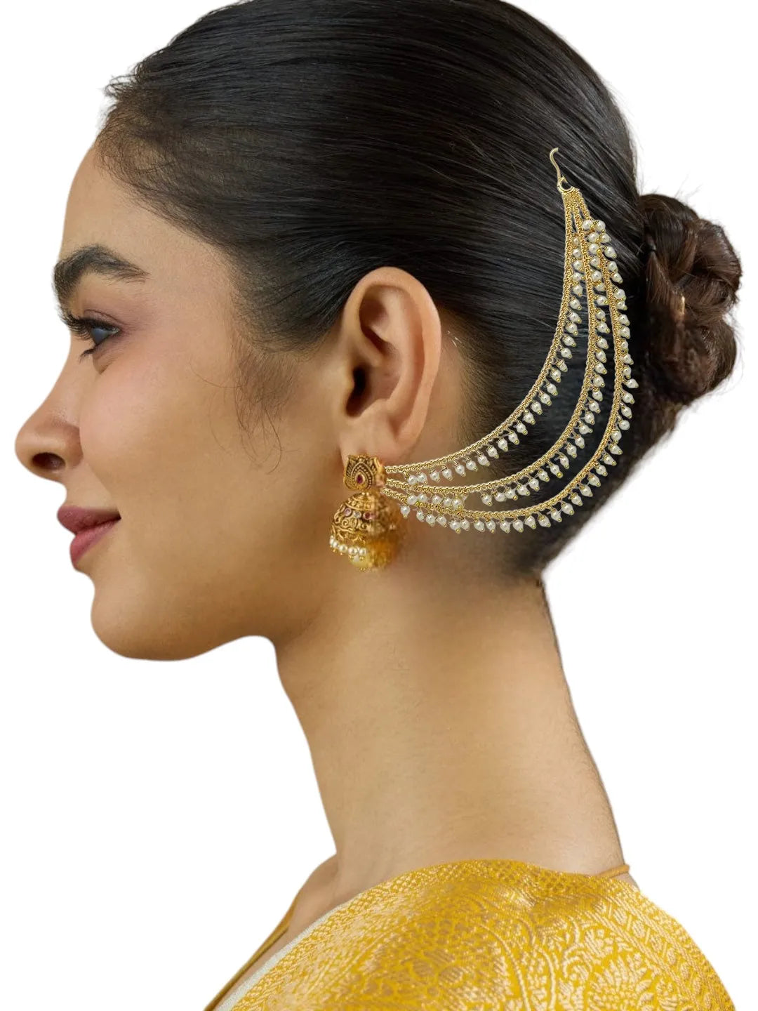 Gold-Plated Artificial Beaded Contemporary 3 Layered Ear Cuff