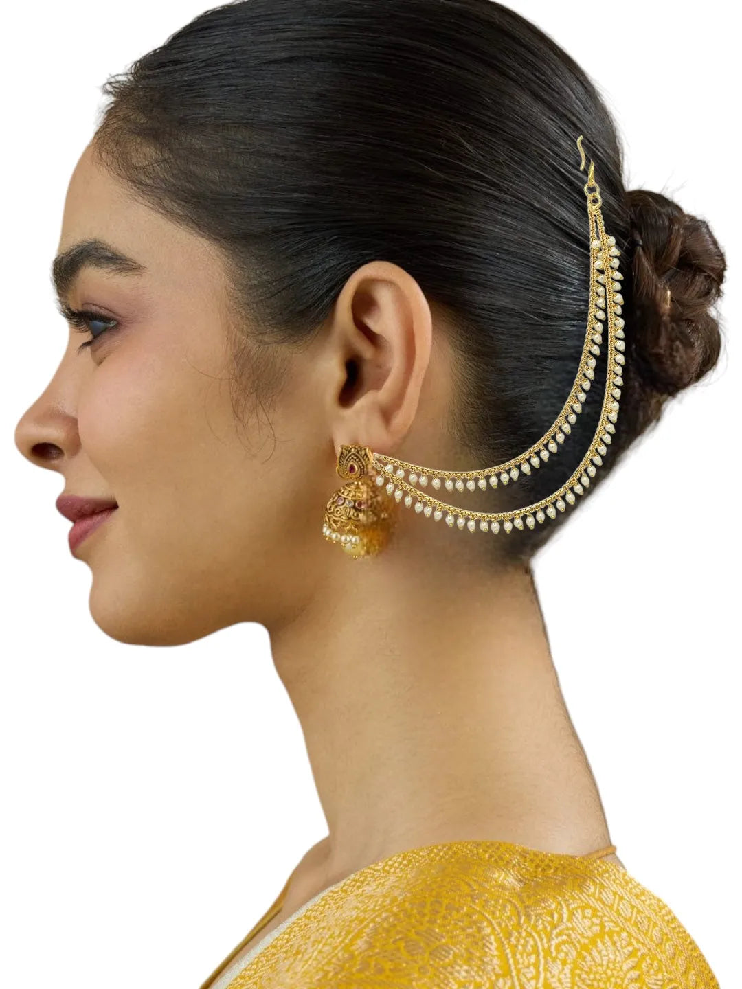 Gold-Plated Artificial Beaded Contemporary 2 Layered Ear Cuff
