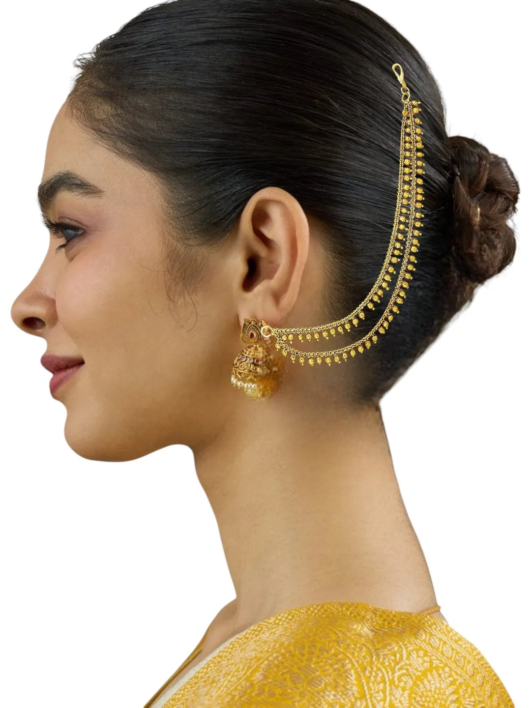 Gold Plated Elegant Bead Accents Ear Chains For Women