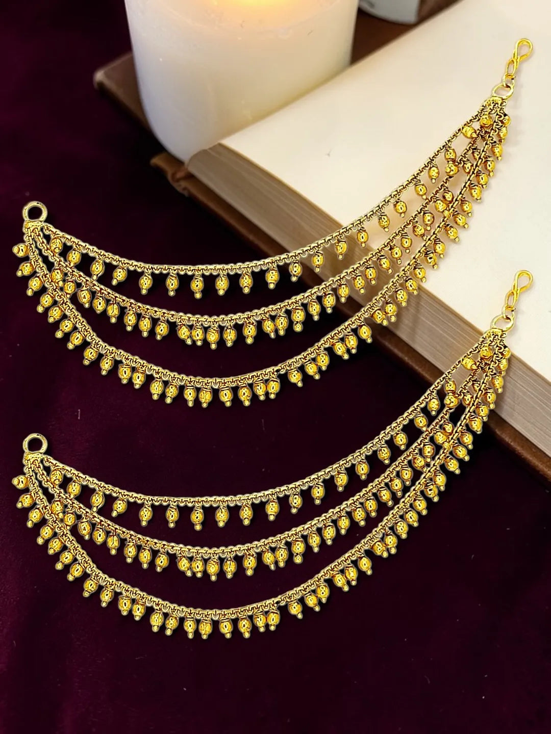 Gold Plated Multi-Layer Elegant Bead Accents Ear Chains For Women