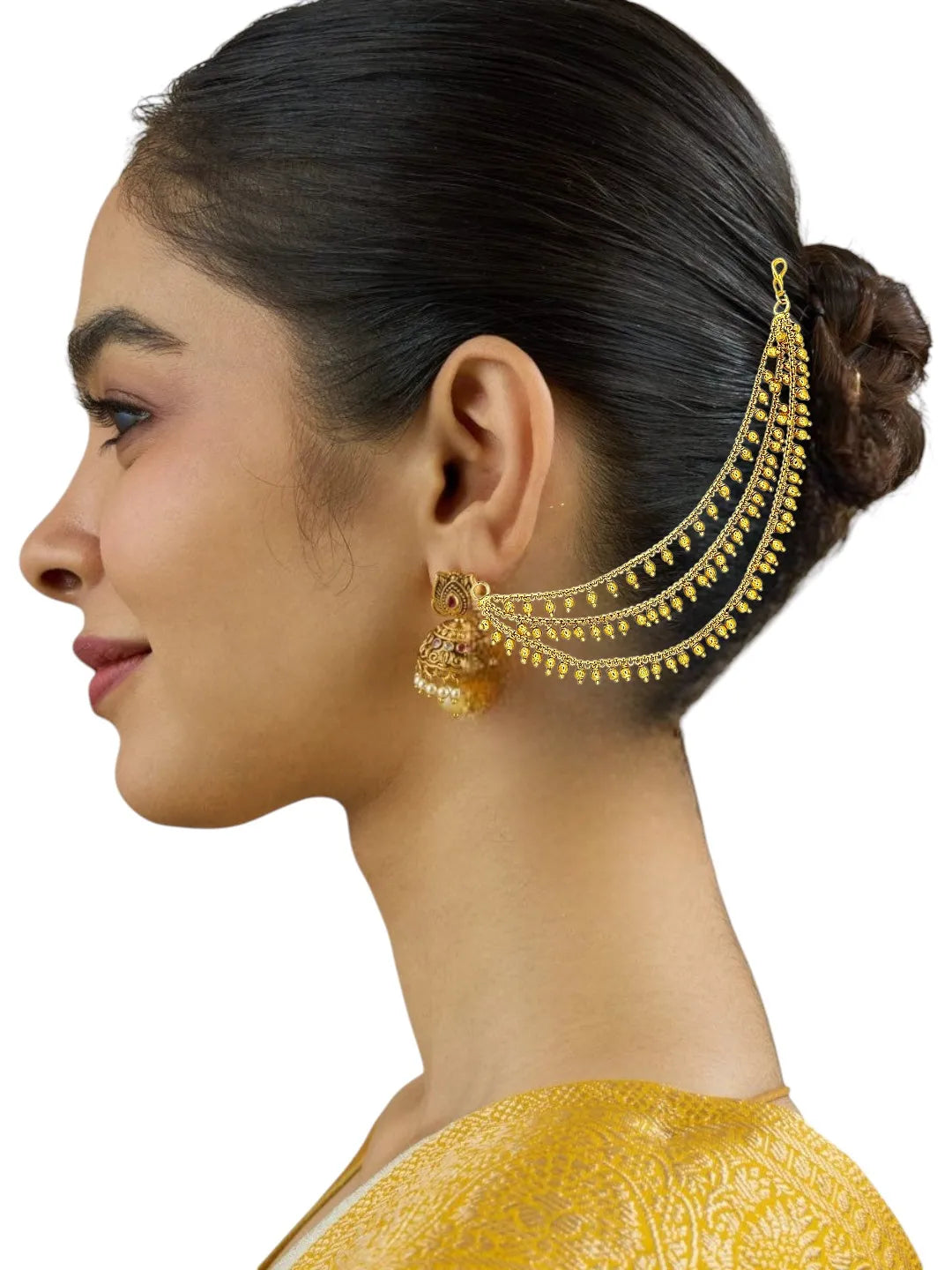 Gold Plated Multi-Layer Elegant Bead Accents Ear Chains For Women