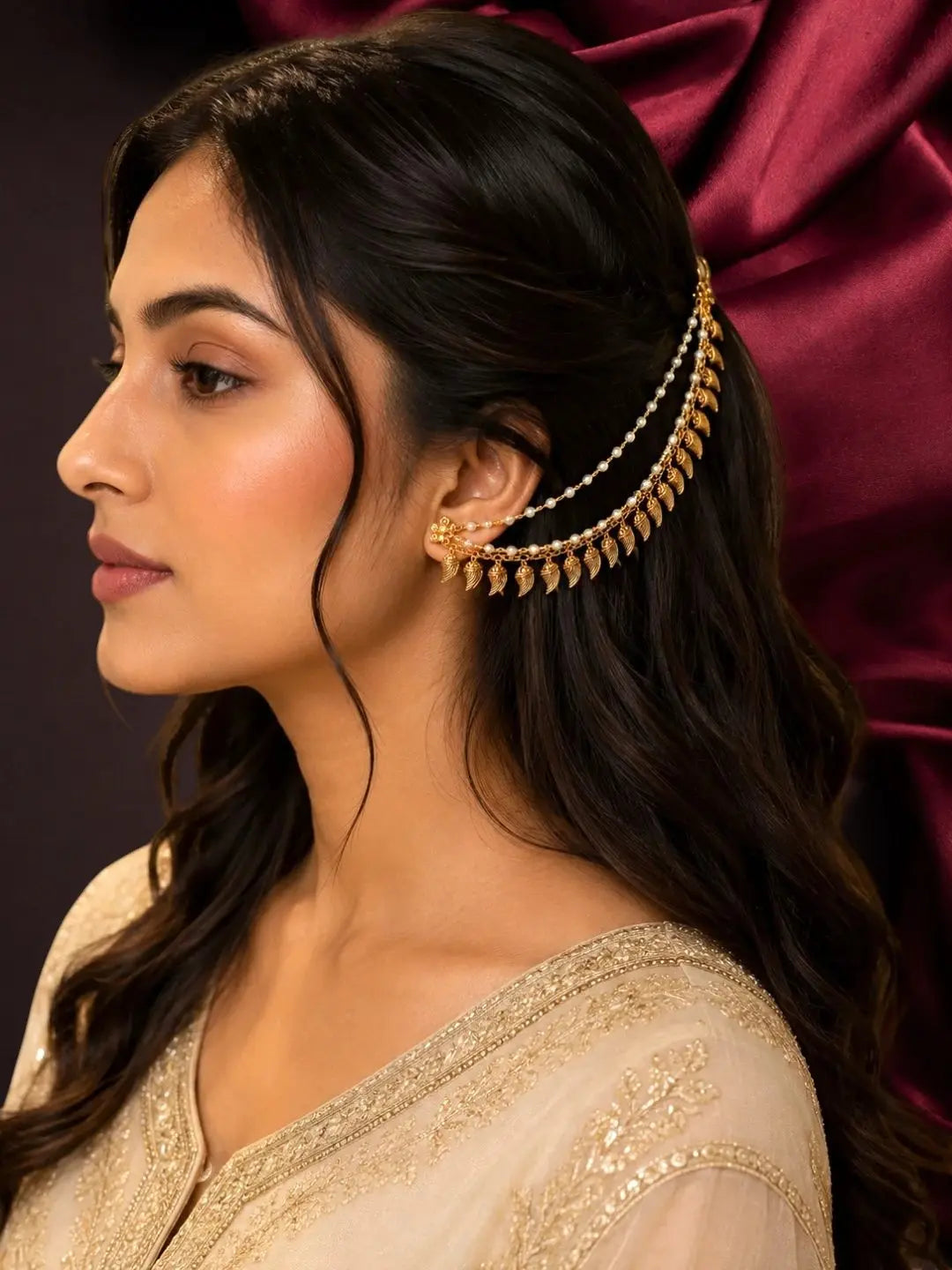 Gold Plated Paisley Motif Layered Ear Chain