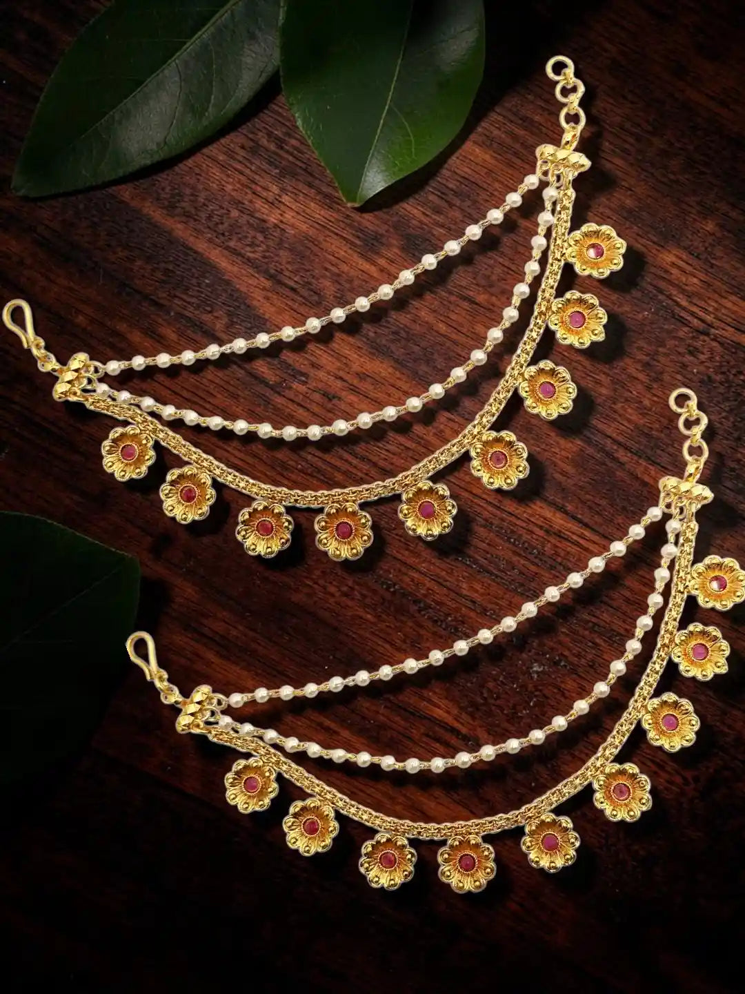 Gold Plated Floral Layered Ear Chain